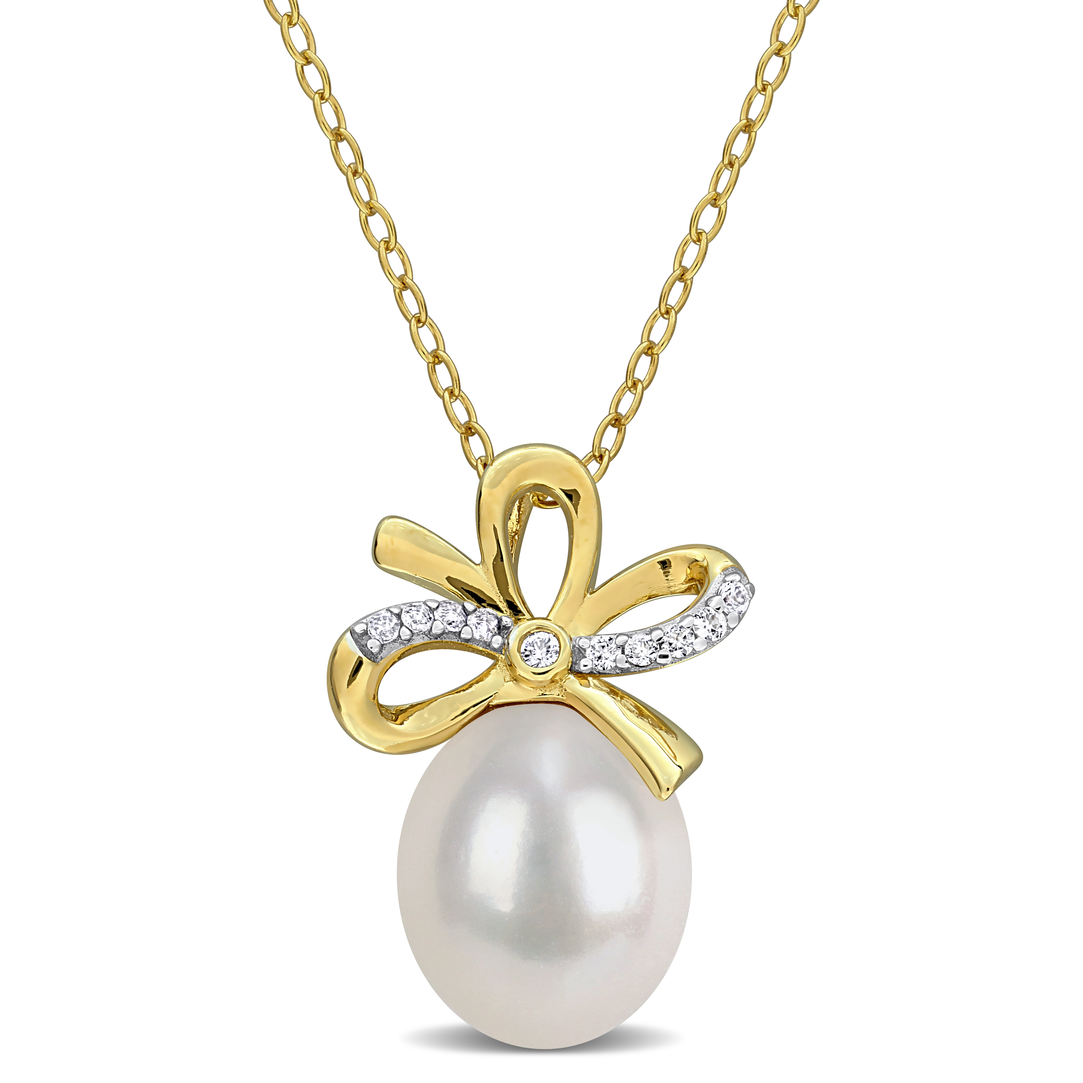 9-10mm Cultured Freshwater Pearl and 1/10ct TGW Created White Sapphire Bow Pendant with Chain in Two-Tone Sterling Silver - 18 in