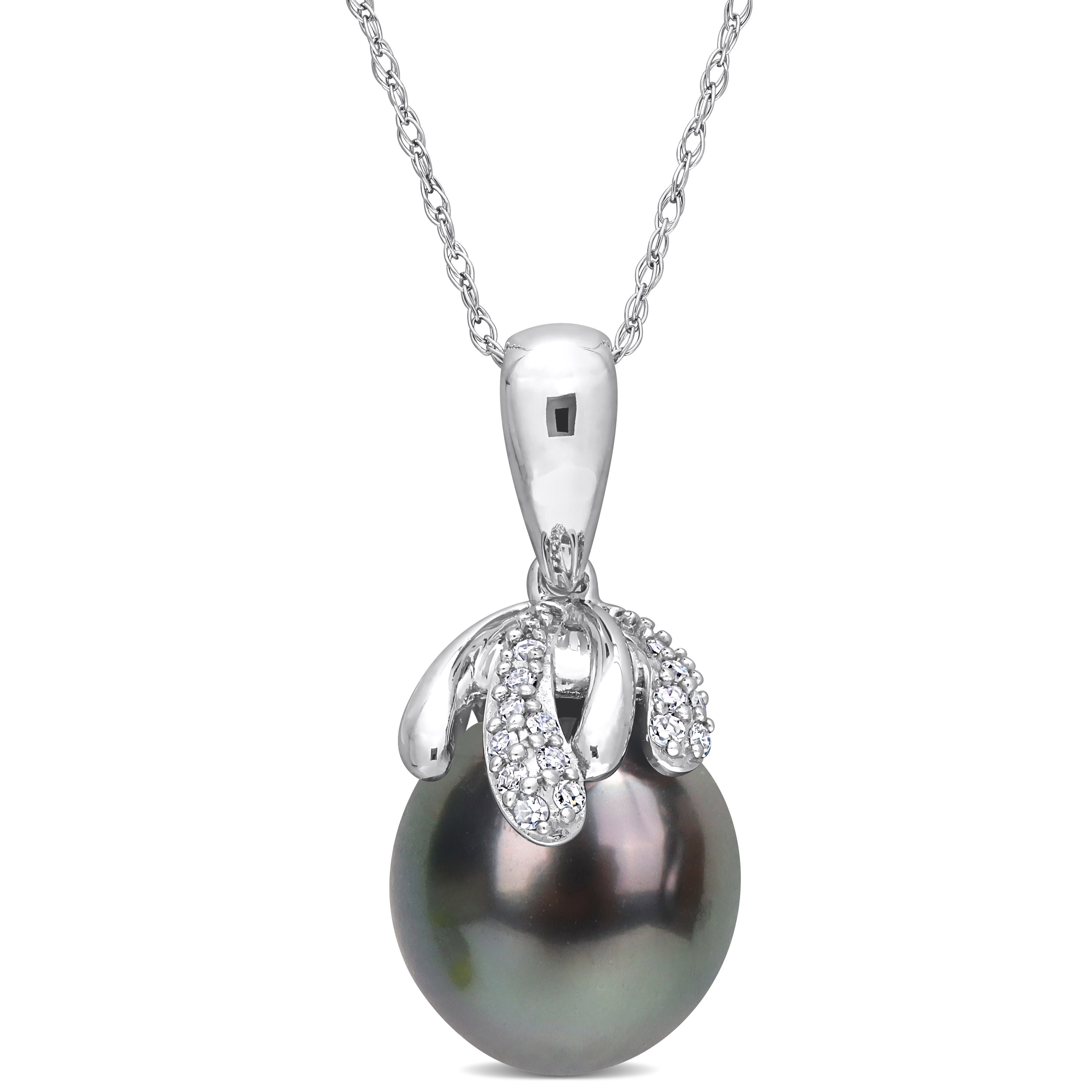 9-10 MM Black Tahitian Cultured Pearl & Diamond Accent Pendant with Chain in 14k White Gold - 17 in.