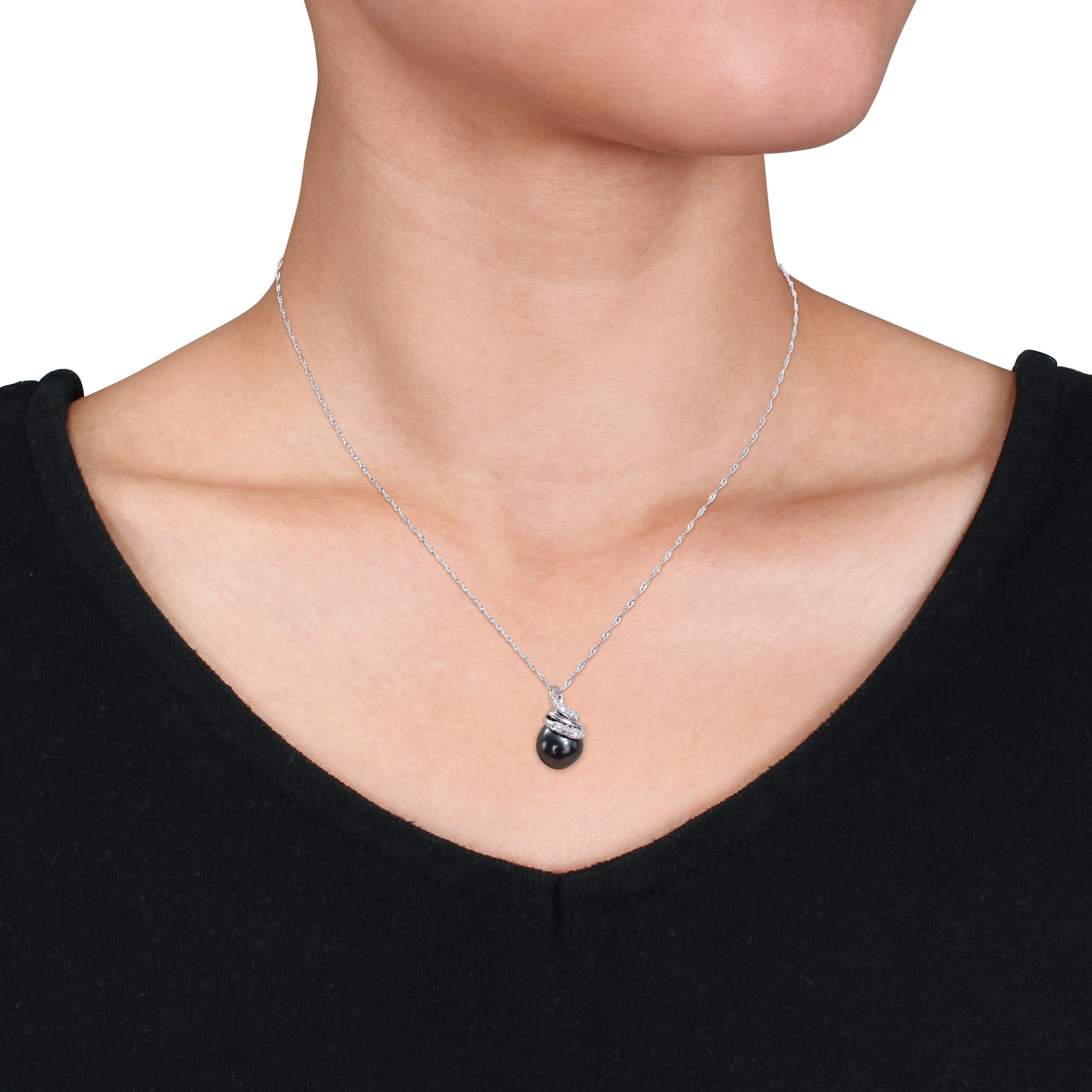 9-10 MM Black Tahitian Cultured Pearl & 1/10 CT TW Diamond Swirl Pendant with Chain in 14k White Gold
