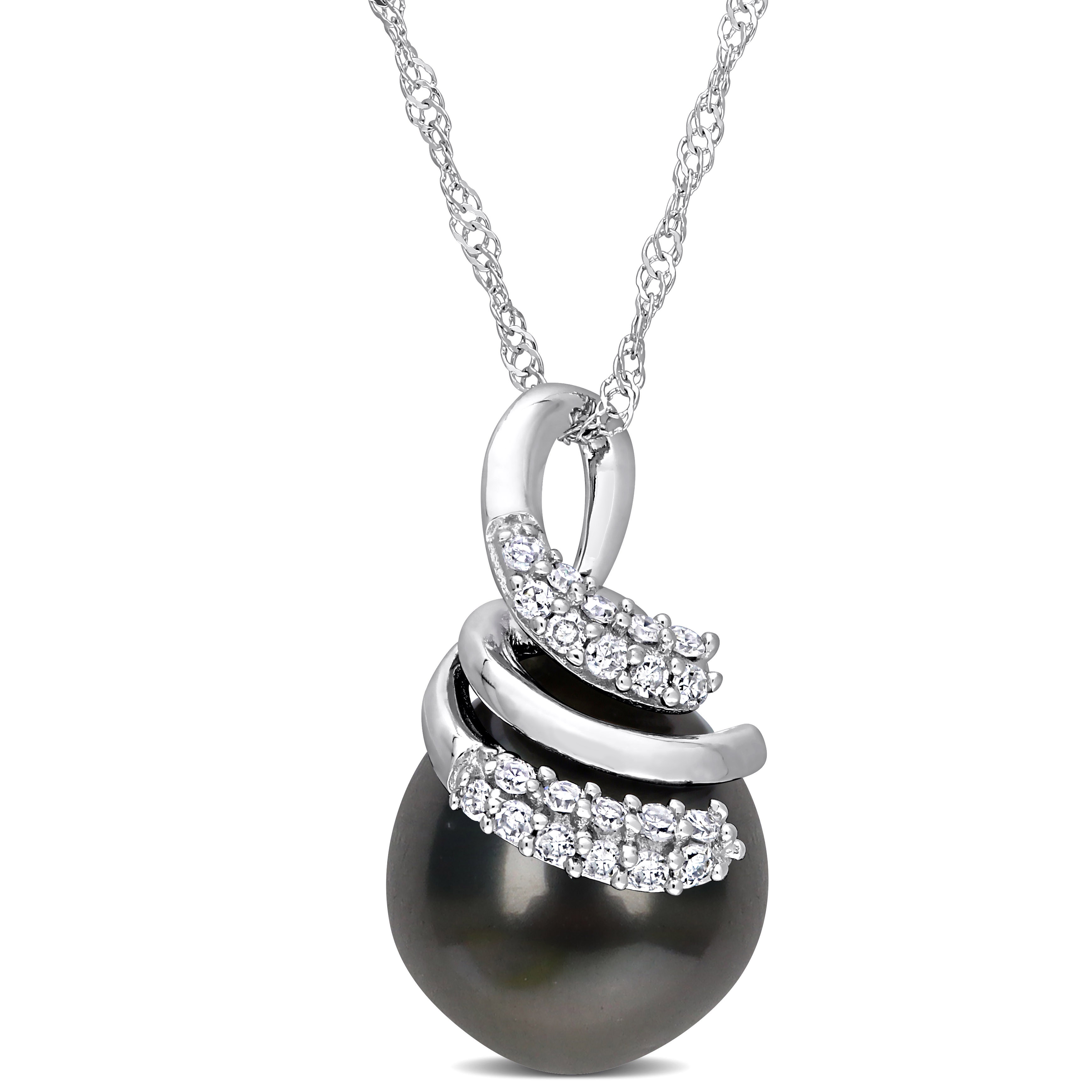 9-10 MM Black Tahitian Cultured Pearl & 1/10 CT TW Diamond Swirl Pendant with Chain in 14k White Gold