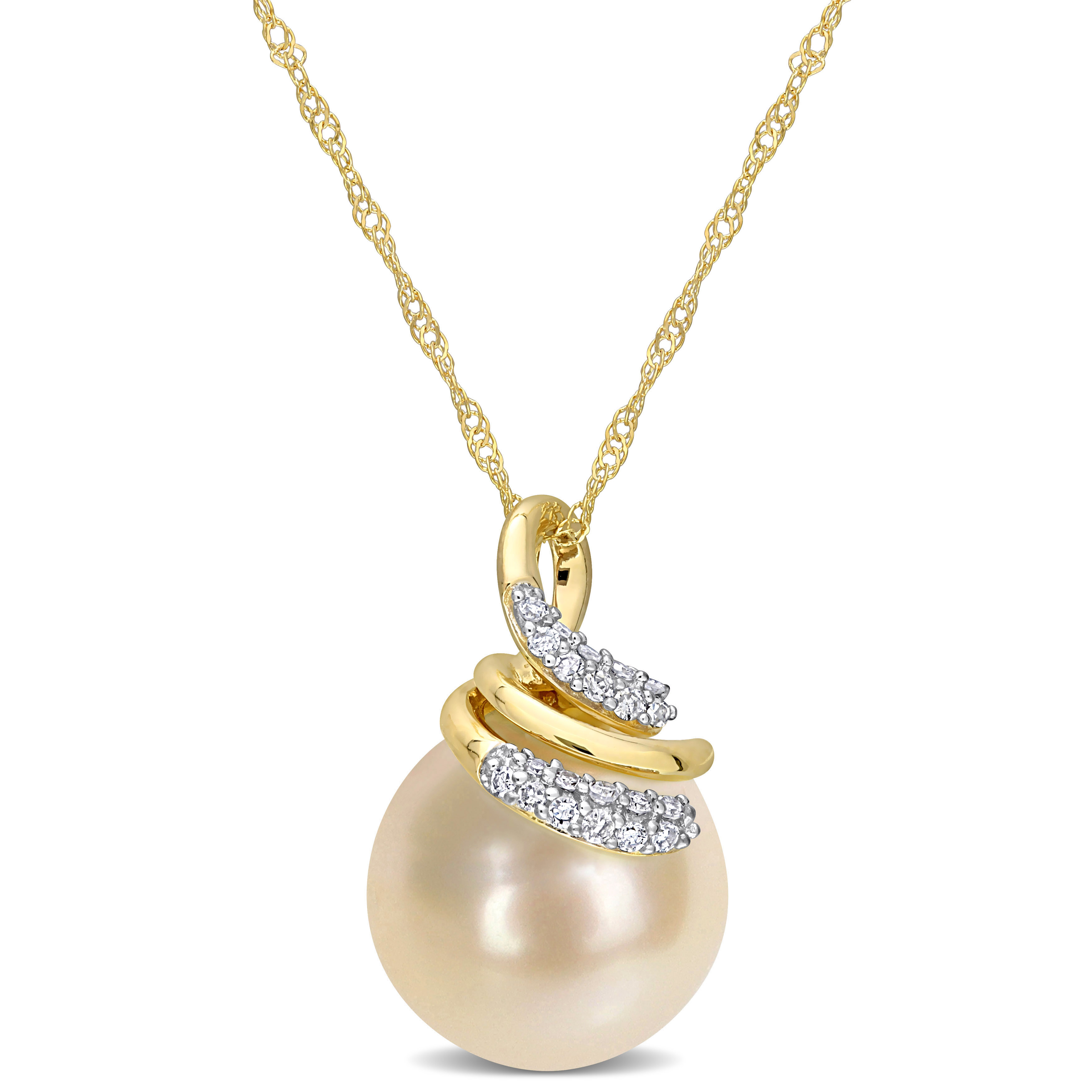 9-10 MM South Sea Cultured Pearl and 1/10 CT TW Diamond Swirl Pendant with Chain in 14k Yellow Gold