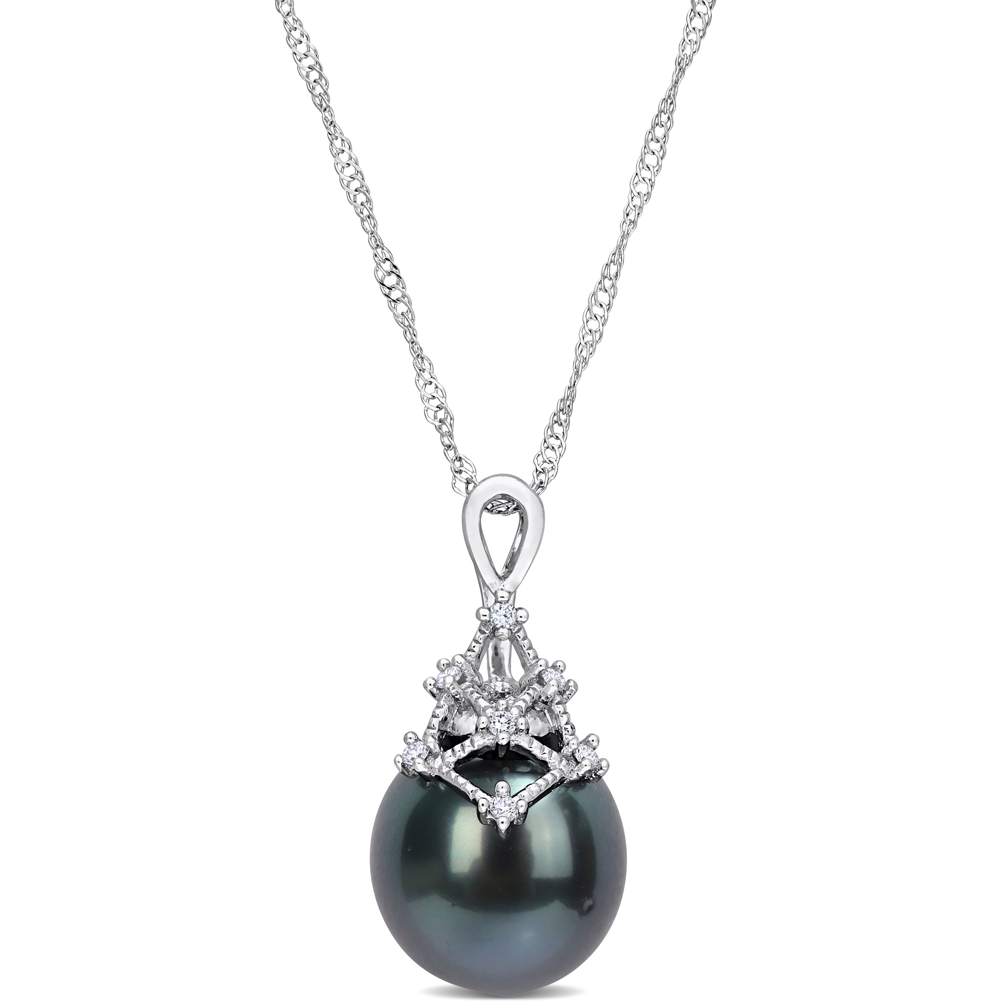 9-10 MM Black Tahitian Cultured Pearl & Diamond Accent Pendant with Chain in 14k White Gold