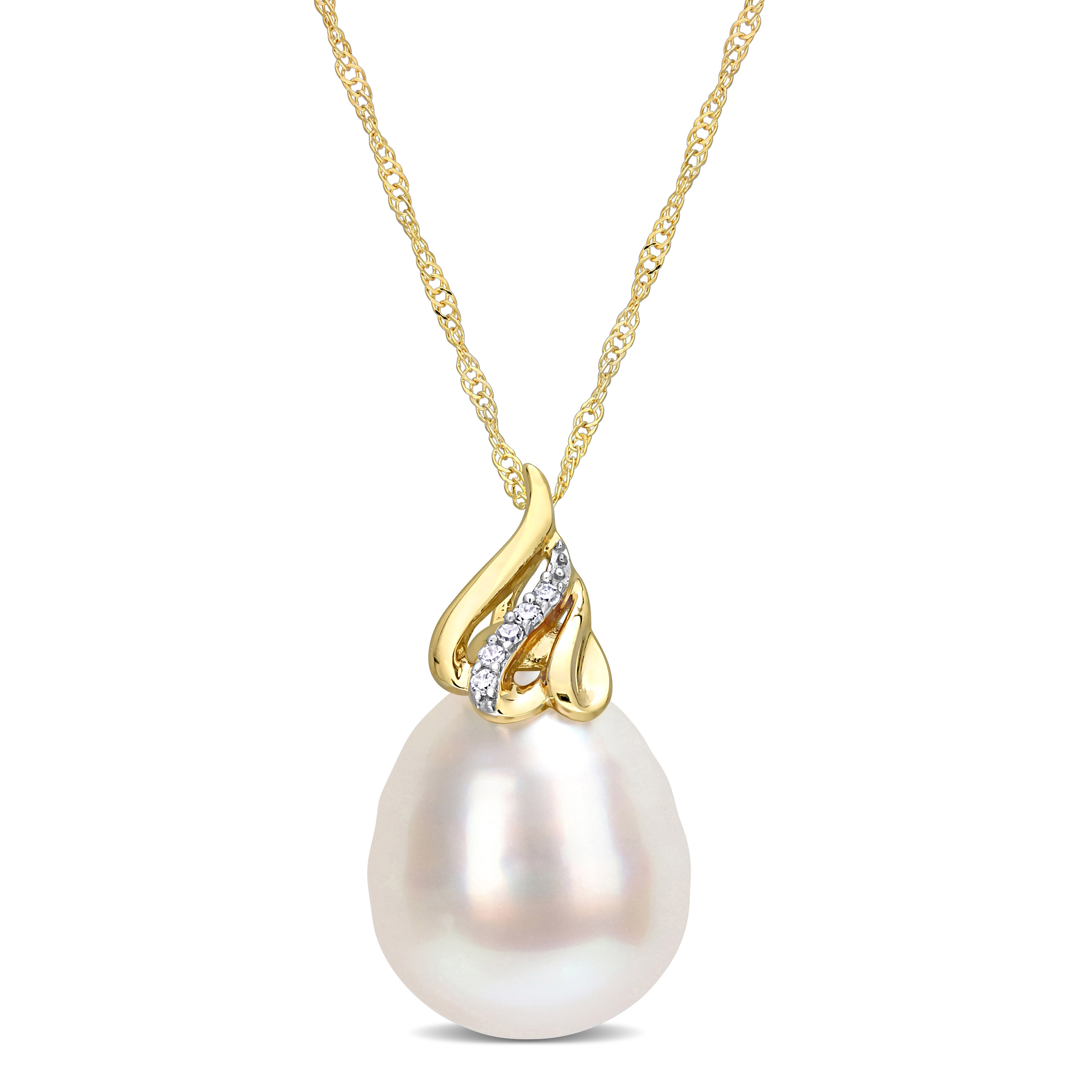 9-10 MM Drop South Sea Cultured Pearl and Diamond Accent Pendant with Chain in 14k Yellow Gold - 17 in.