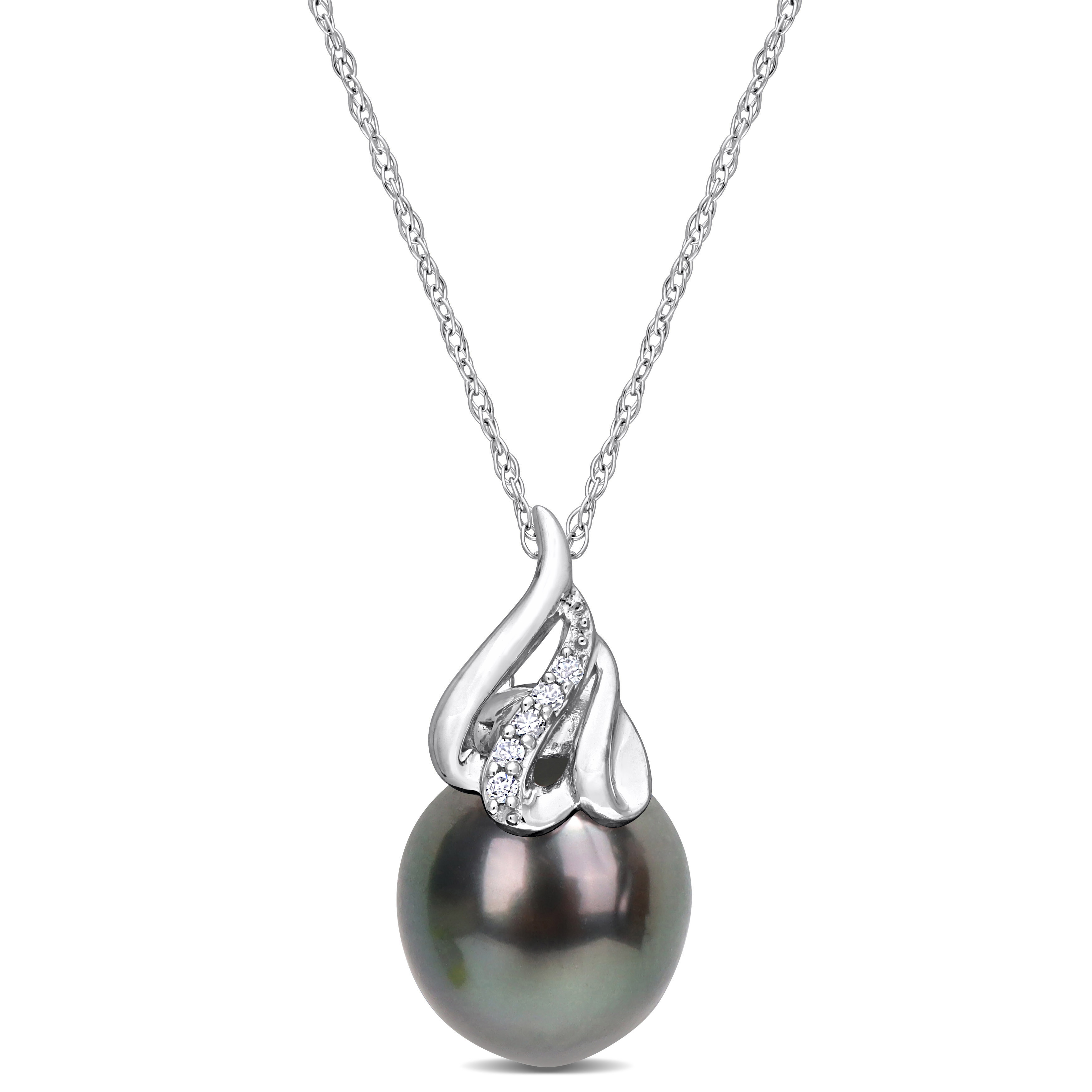 9-10 MM Black Tahitian Cultured Pearl & Diamond Accent Swirl Pendant with Chain in 14k White Gold - 17 in.