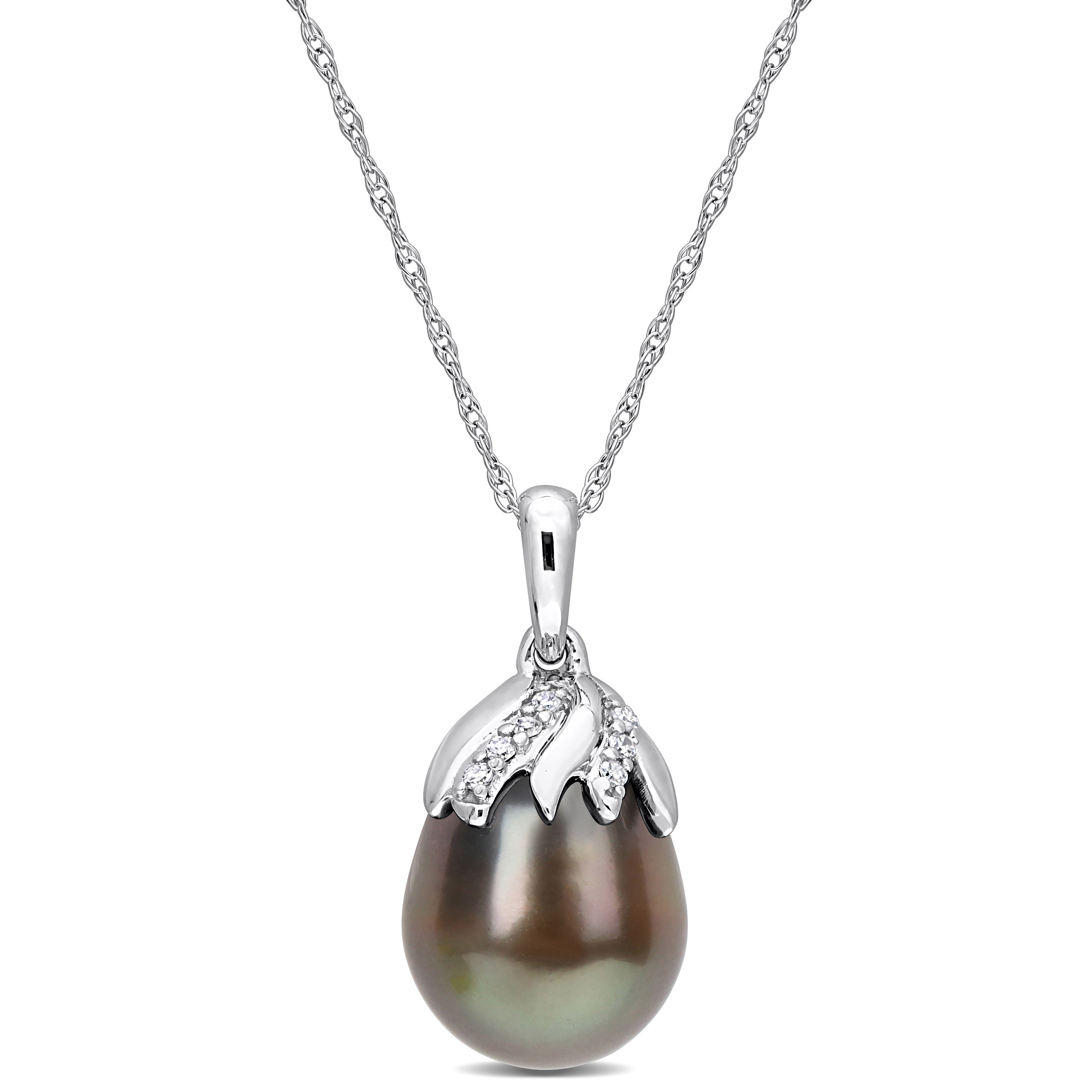 9-10 MM Black Tahitian Cultured Pearl & Diamond Accent Pendant with Chain in 14k White Gold - 17 in.