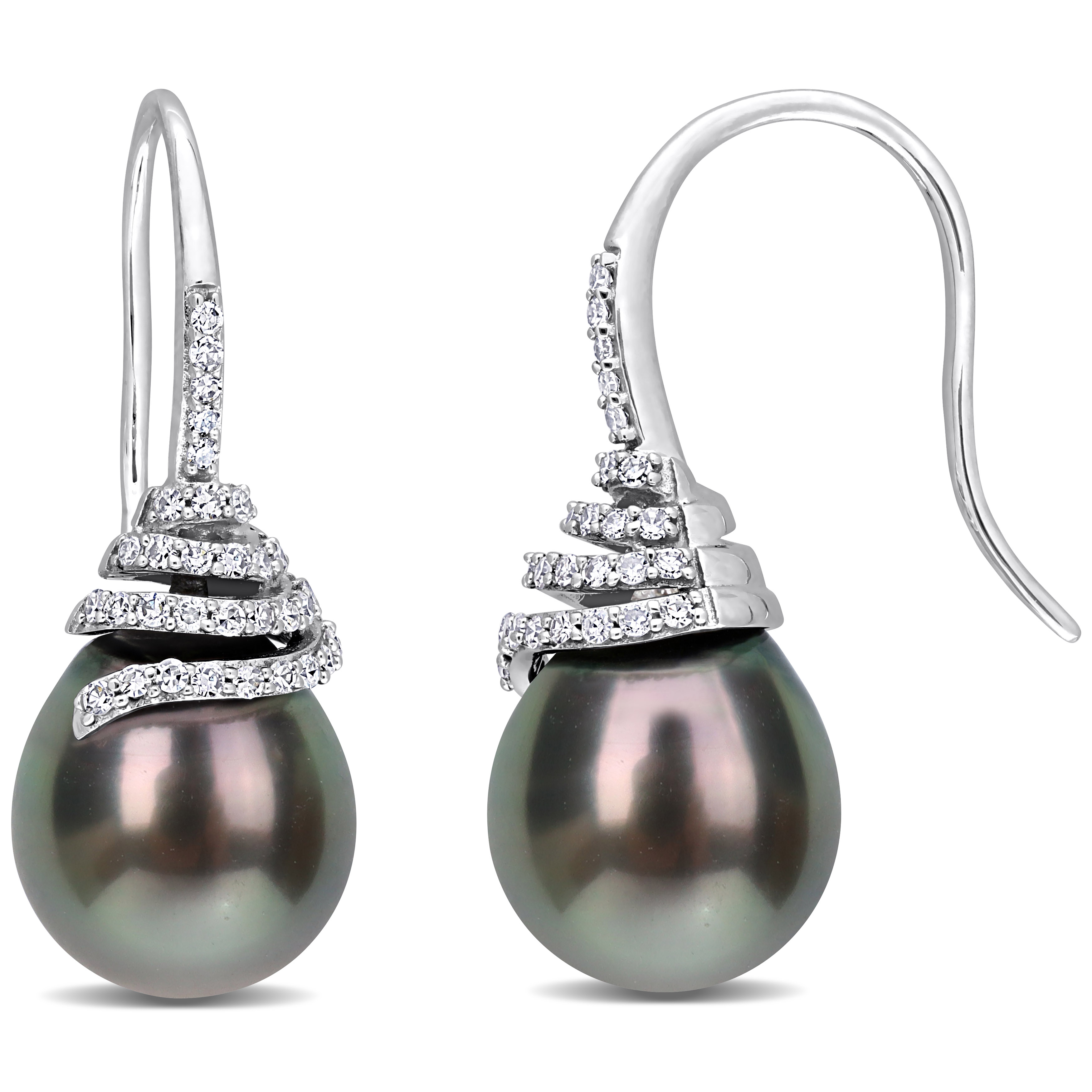 10-11 MM Black Tahitian Cultured Pearl and 1/3 CT TW Diamond Swirl Hook Earrings in 14k White Gold