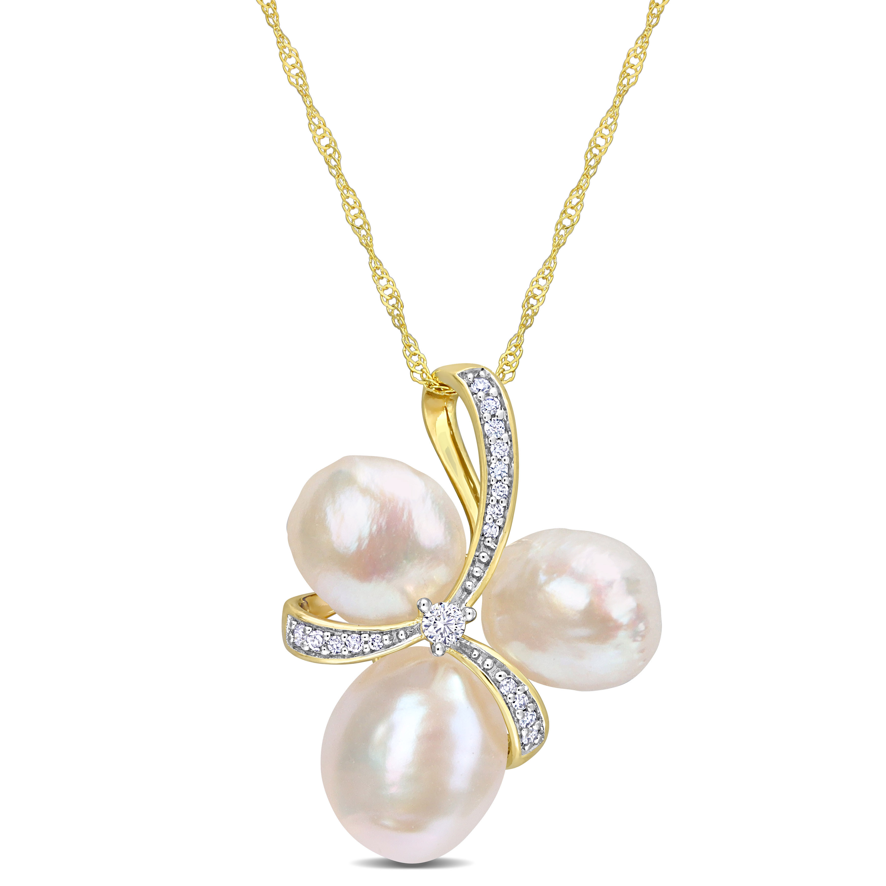 8-8.5 MM & 9-9.5 MM Freshwater Cultured Pearl and 1/10 CT TW Diamond Bow Pendant with Chain in 14k Yellow Gold - 17 in.
