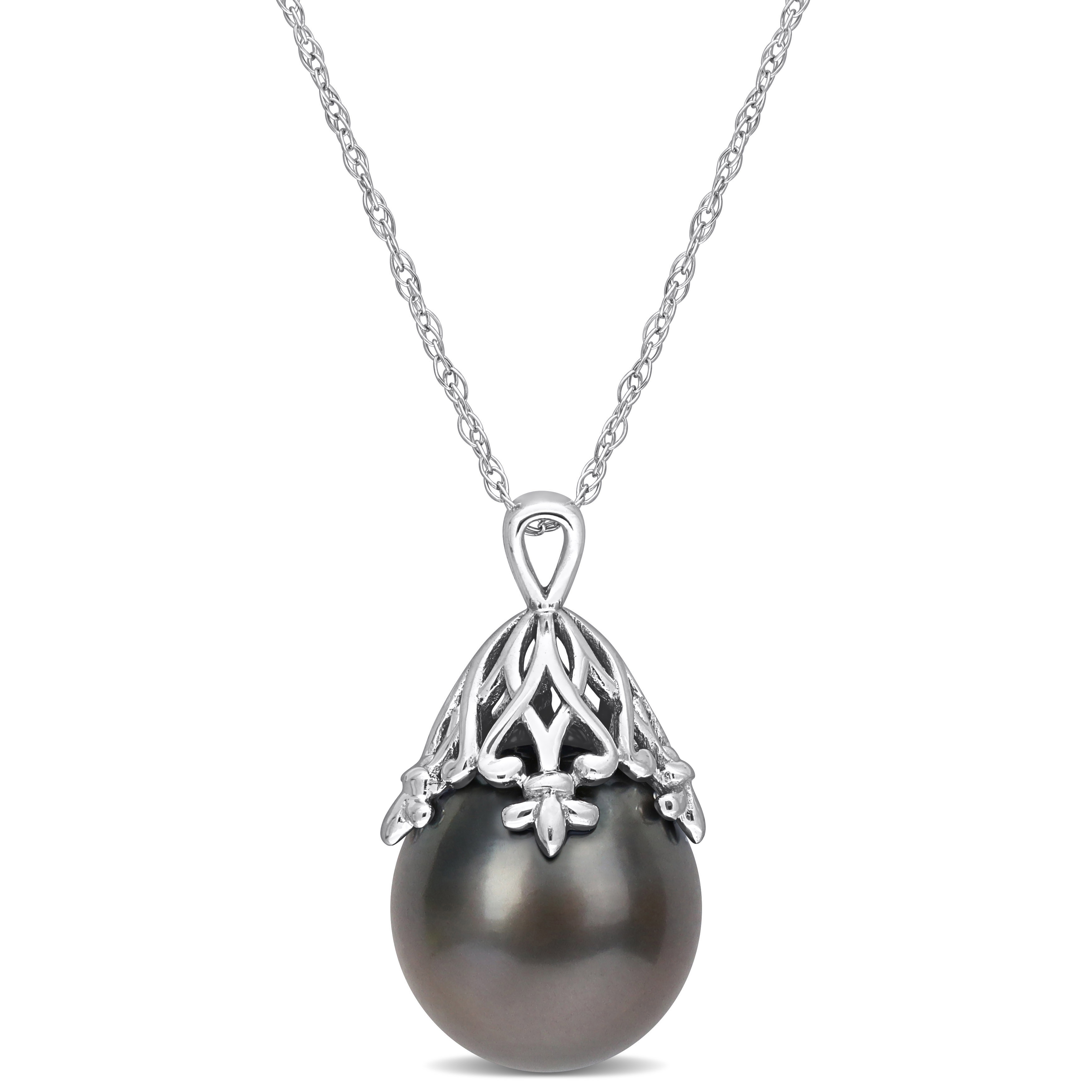9-10 MM Black Tahitian Cultured Pearl Pendant with Chain in 14k White Gold