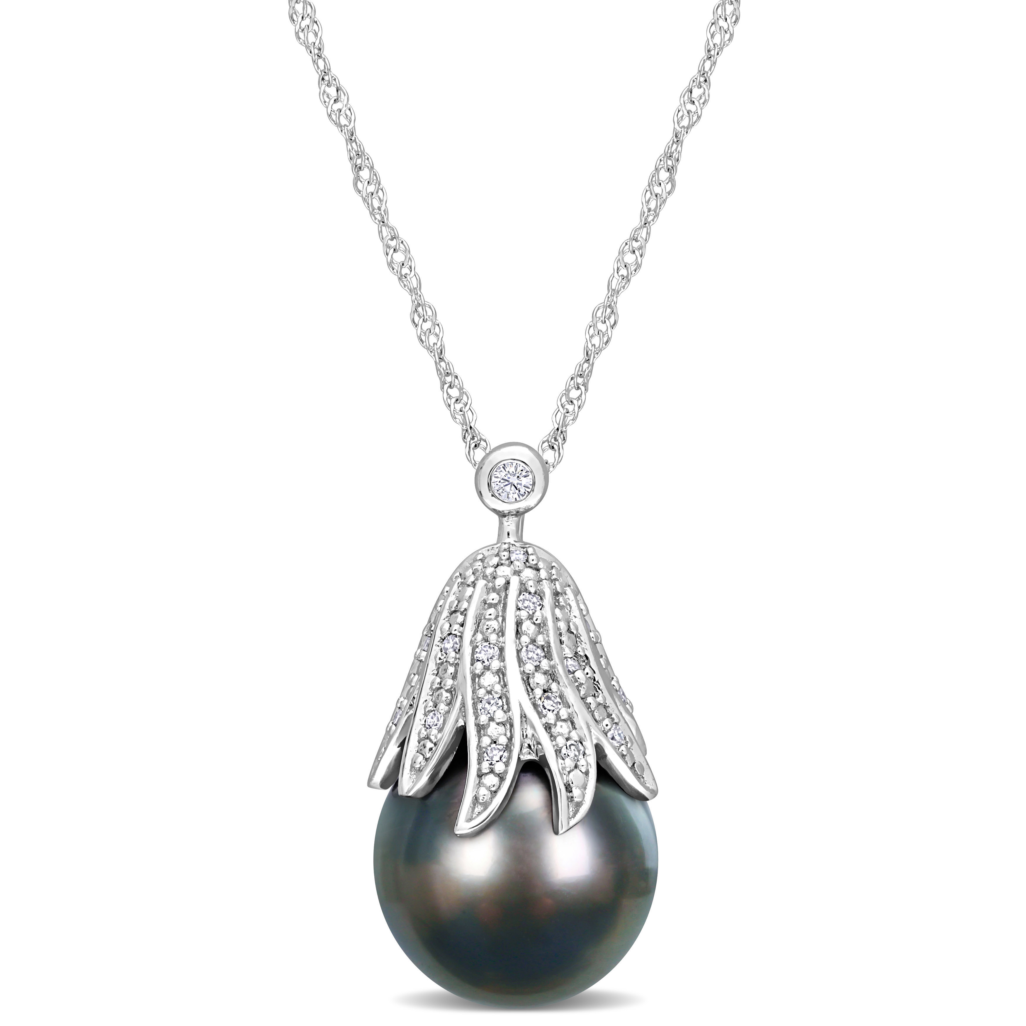 10-11 MM Black Tahitian Cultured Pearl & Diamond Accent Pendant with Chain in 14k White Gold