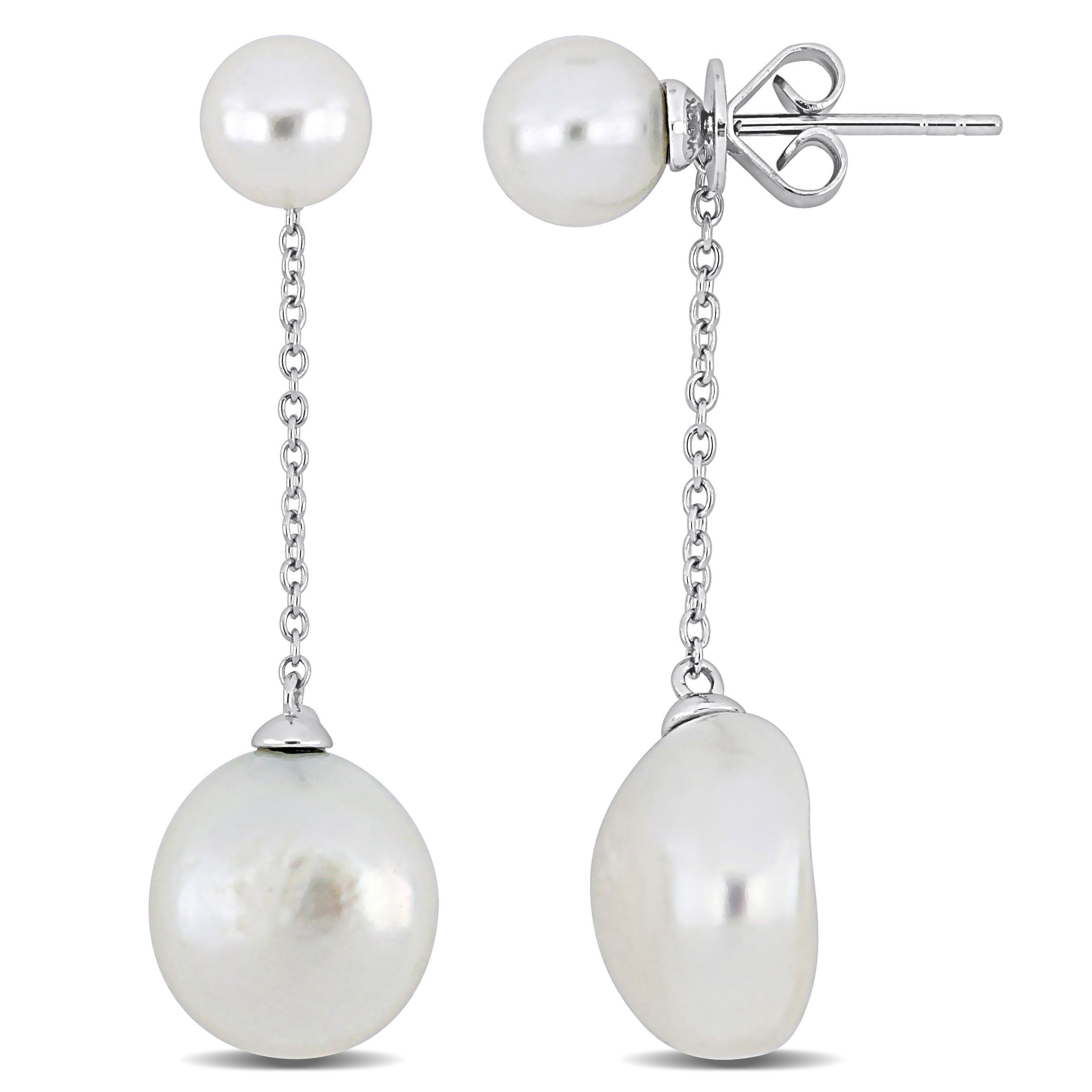 7-7.5 MM & 12-12.5 MM Freshwater Cultured Pearl Dangle Chain Earrings in 10k White Gold