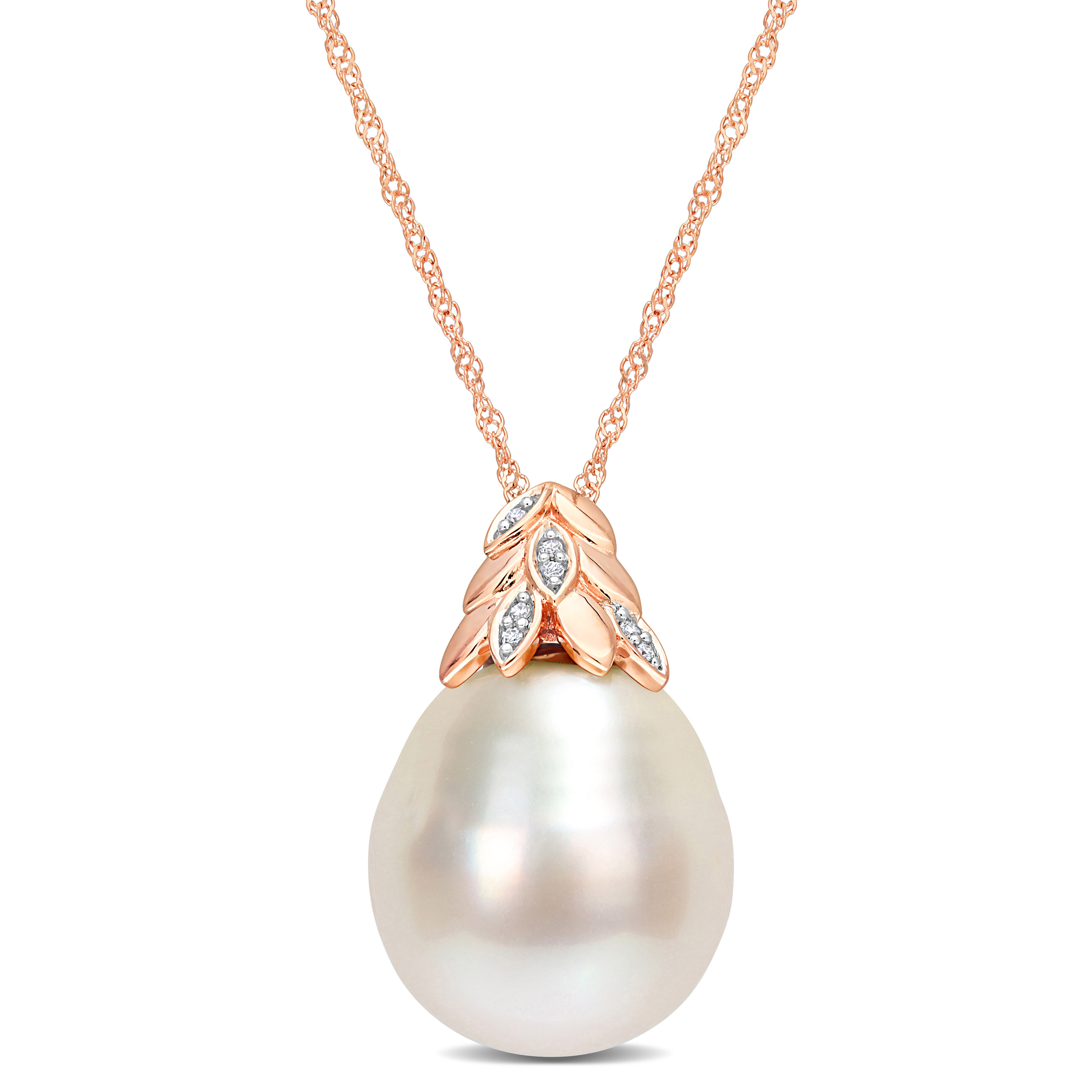 14-14.5 MM South Sea Cultured Pearl and Diamond Accent Pendant with Chain in 14k Rose Gold