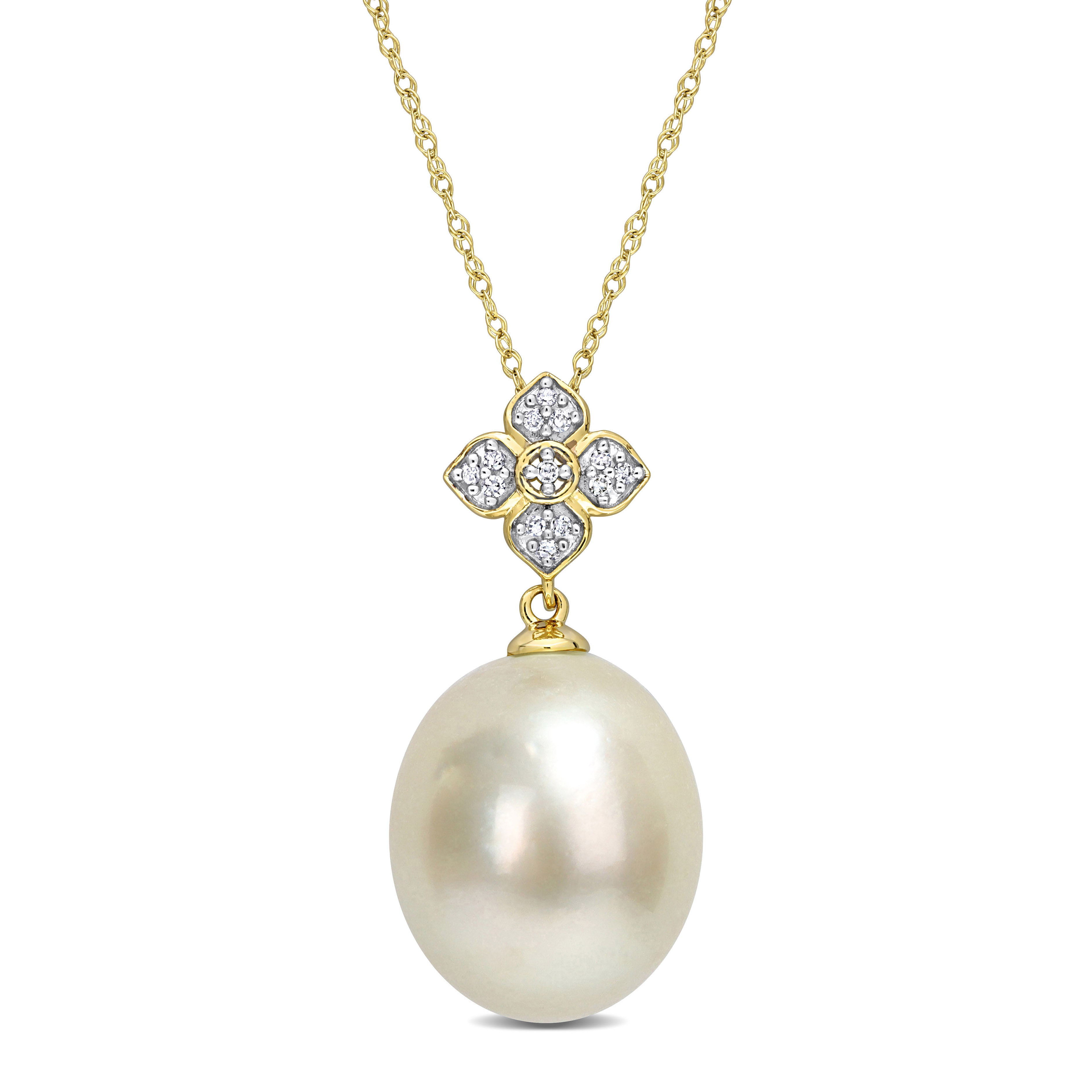 12-13 MM South Sea Cultured Pearl and Diamond Accent Floral Pendant with Chain in 10k Yellow Gold