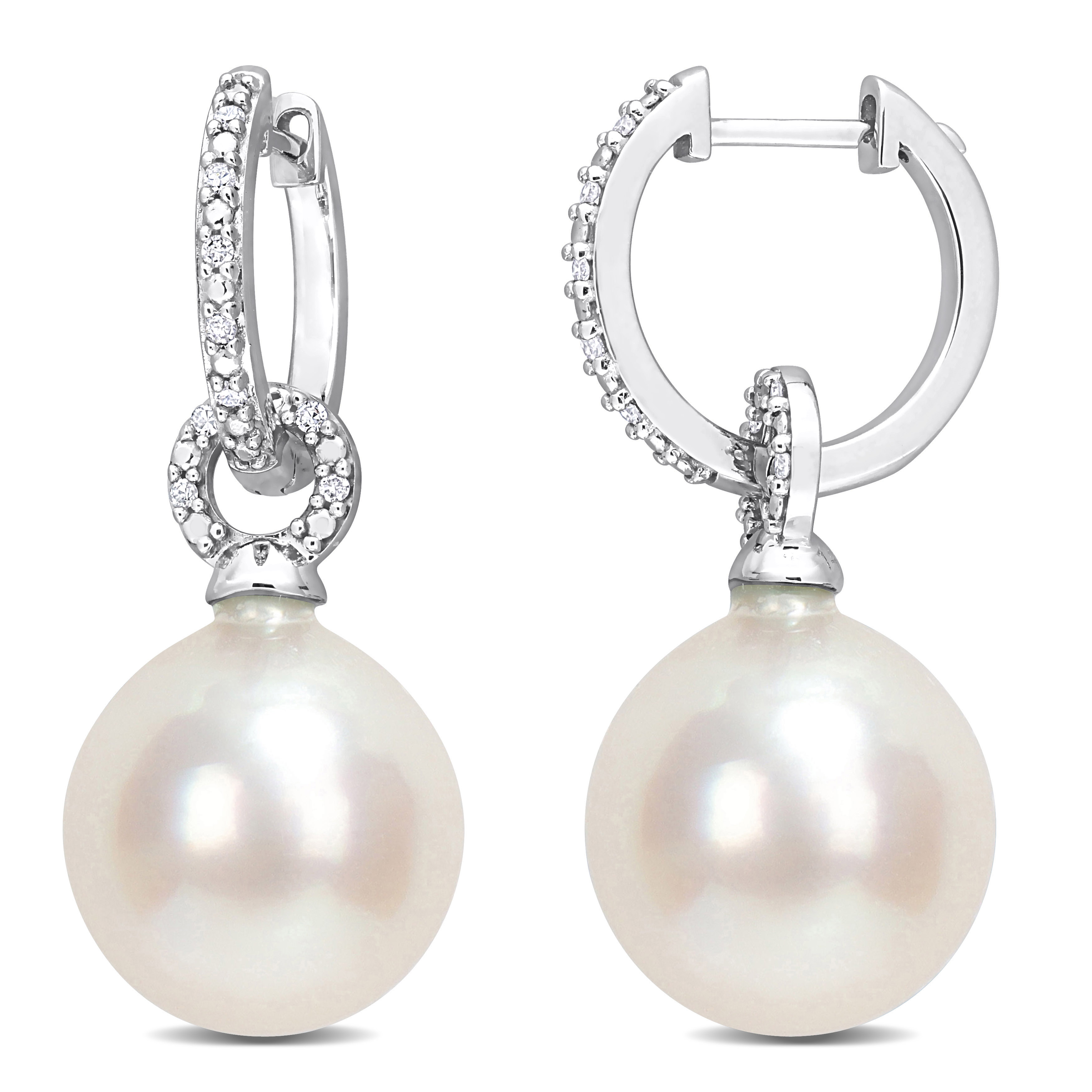 11-11.5 MM South Sea Cultured Pearl and 1/10 CT TW Diamond Huggie Earrings in 14k White Gold