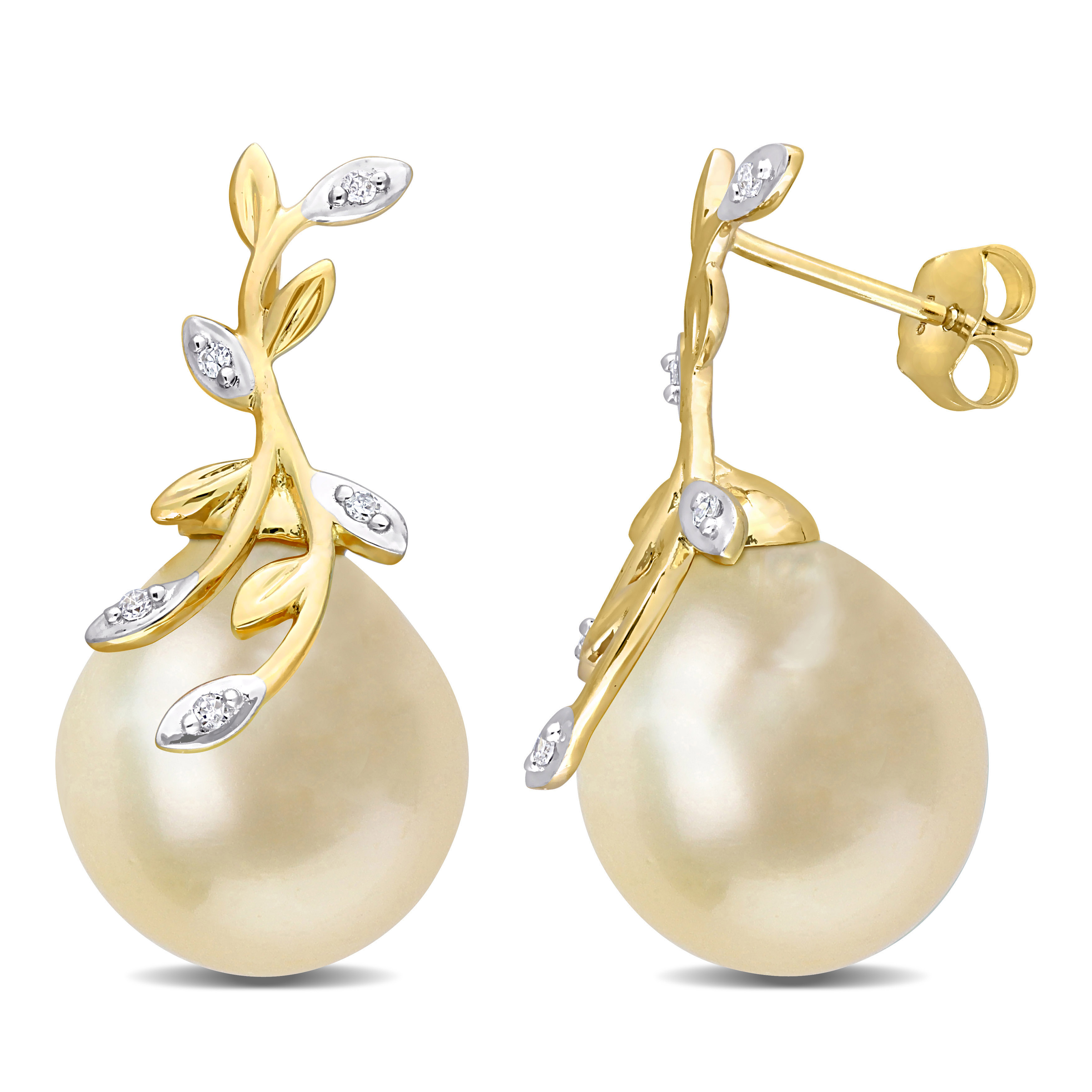 12-12.5 MM Golden Sea Cultured Pearl & Diamond-Accent Leaf Design Earrings in 14k Yellow Gold