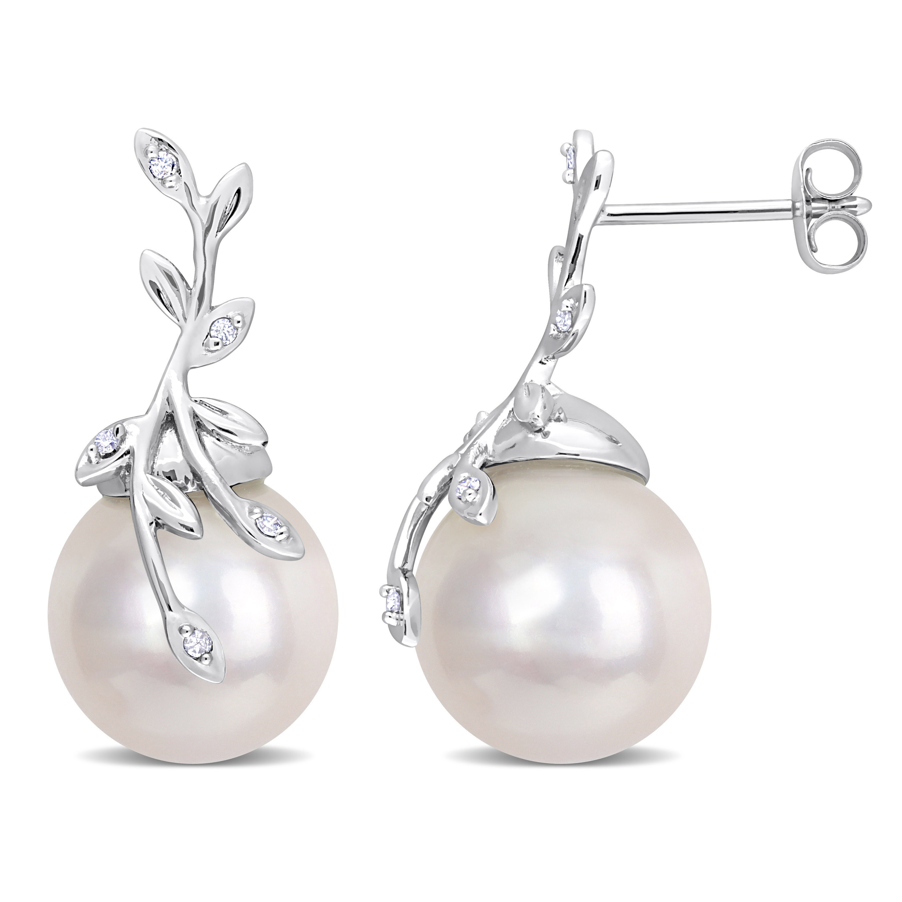 11-12 MM Cultured Freshwater Pearl & Diamond-Accent Leaf Earrings in 14k White Gold