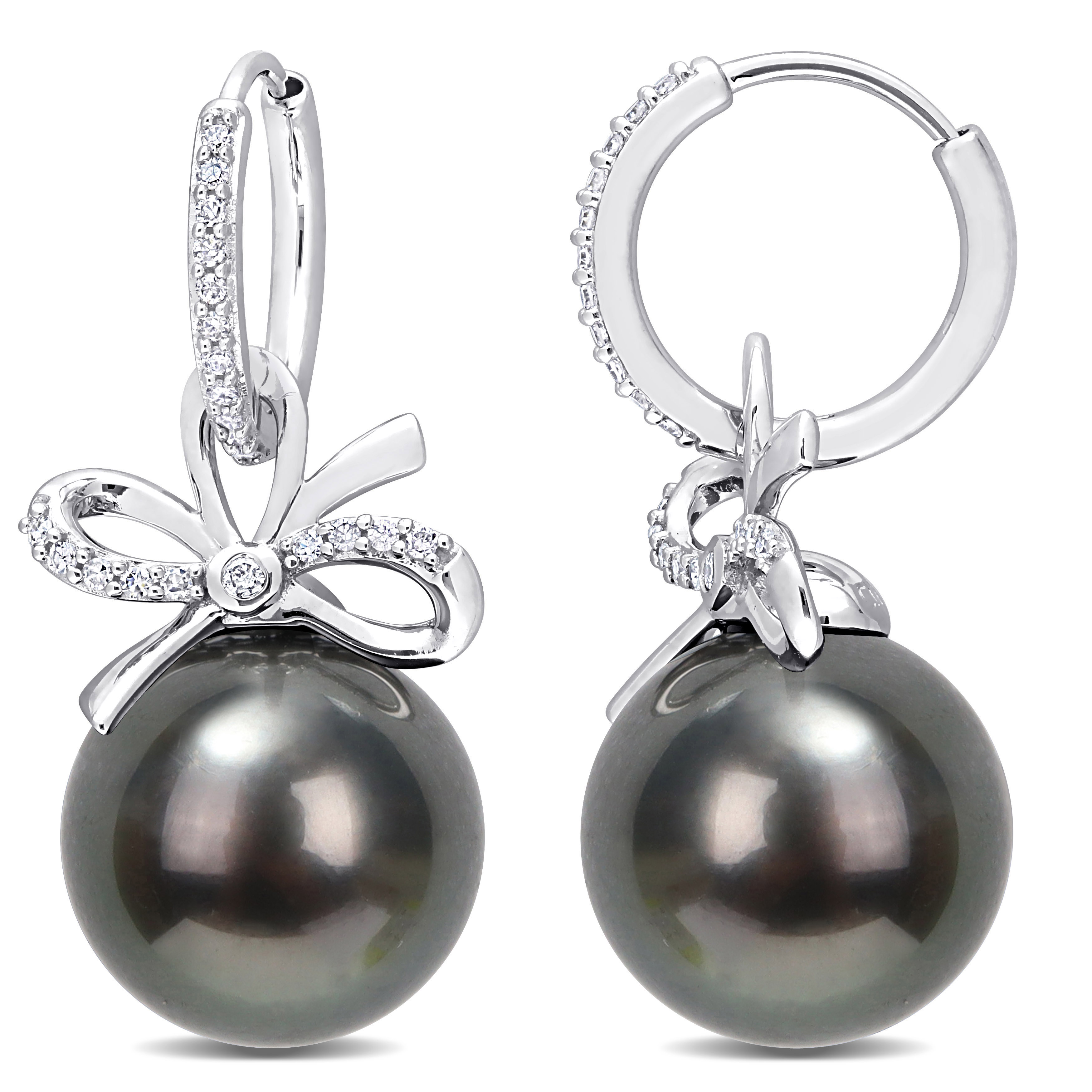 12-12.5 MM Black Tahitian Cultured Pearl and 1/4 CT TW Diamond Bow Huggie Earrings in 14k White Gold