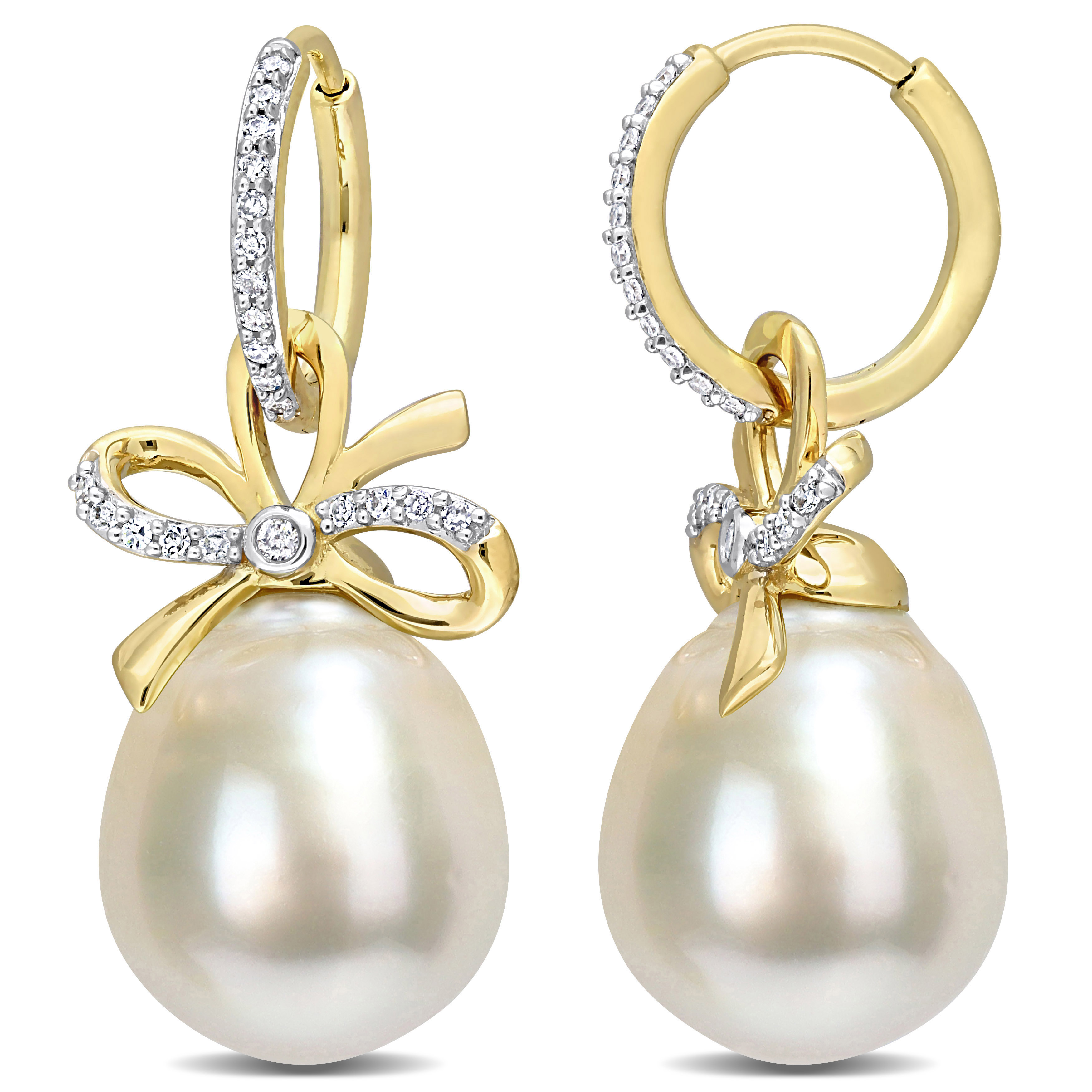 12-12.5 MM Oval Golden South Sea Cultured Pearl & 1/4 CT TW Diamond Bow Huggie Earrings in 14k Yellow Gold