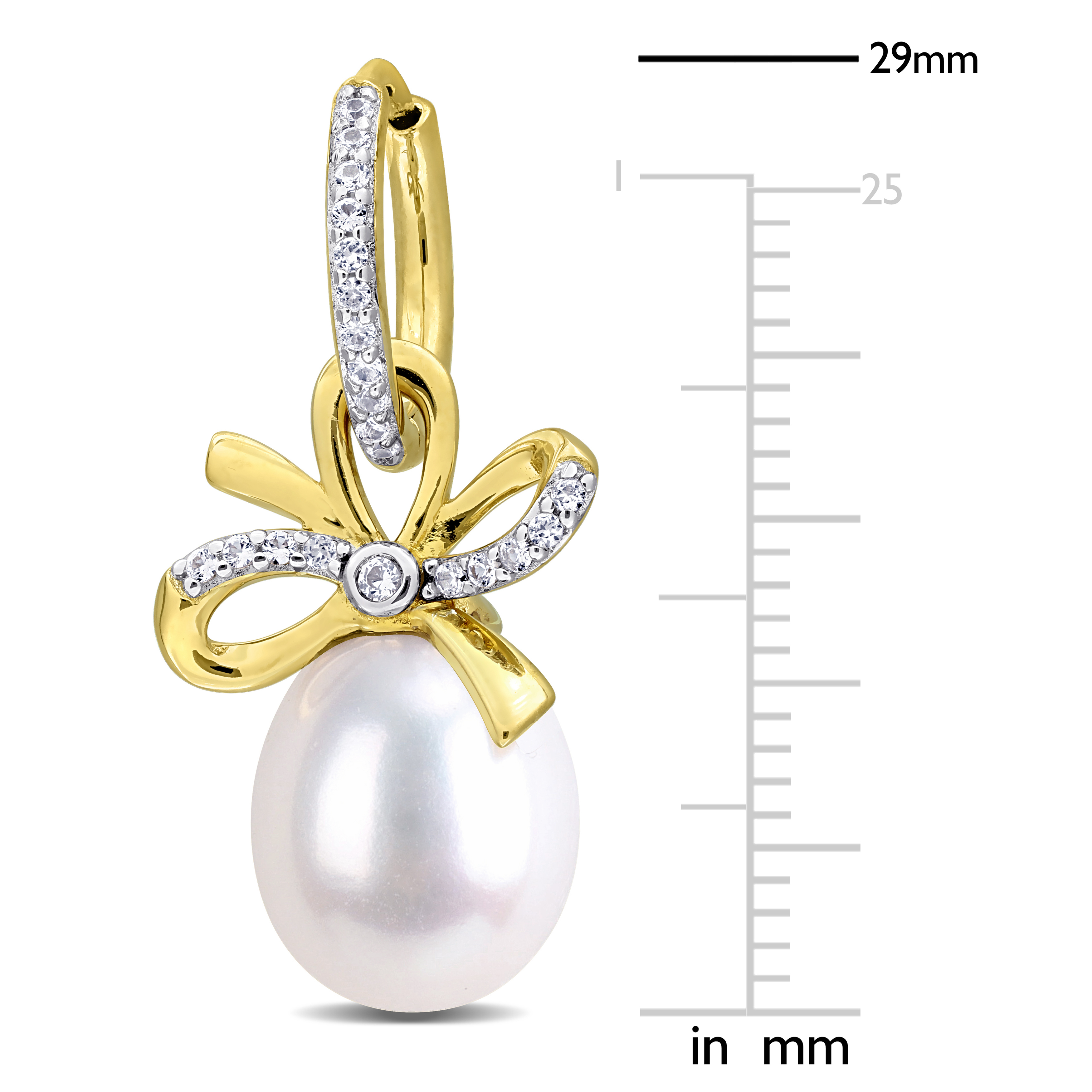 9-10mm Cultured Freshwater Pearl and 2/5ct TGW Created White Sapphire Bow Drop Earrings in Two-Tone Sterling Silver