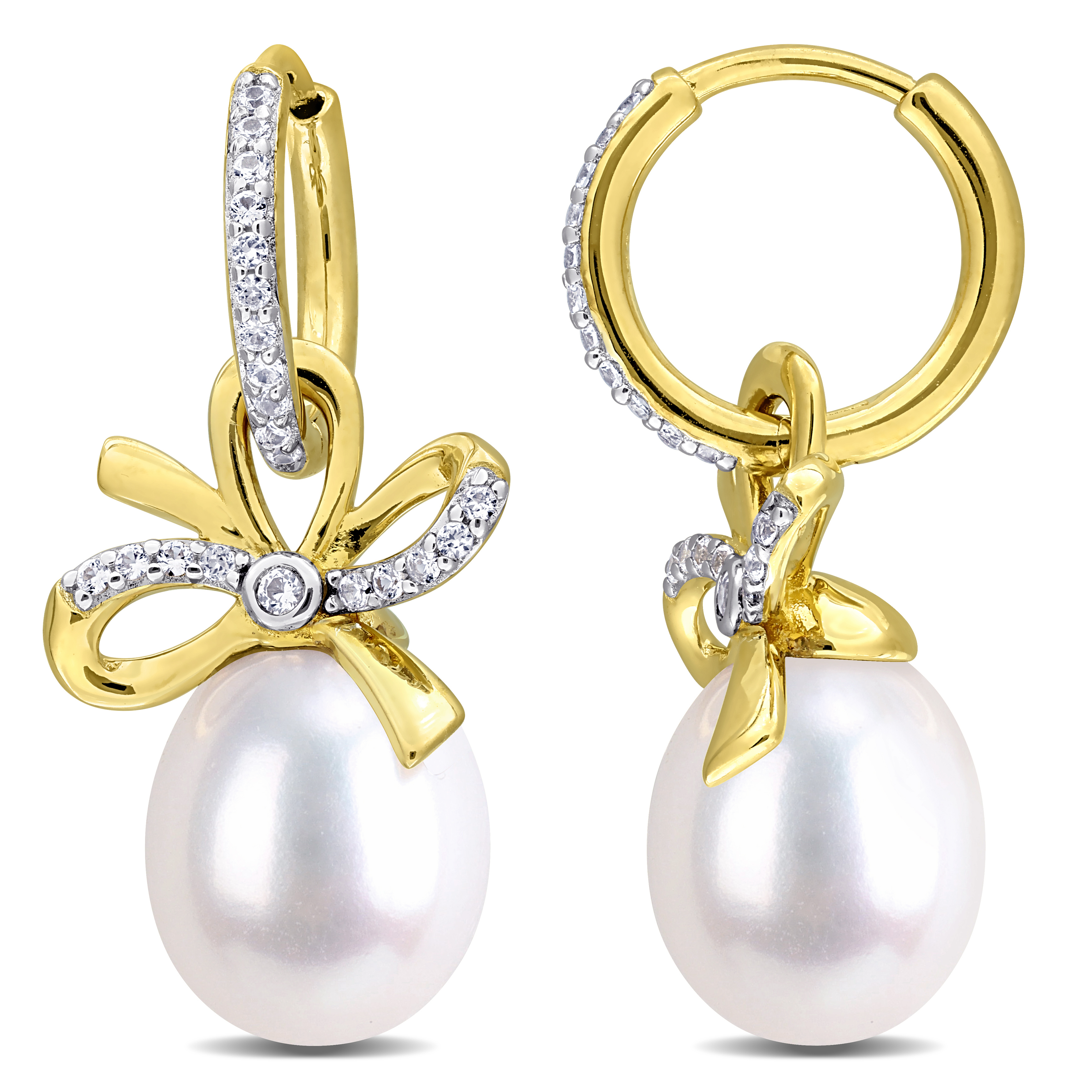 9-10mm Cultured Freshwater Pearl and 2/5ct TGW Created White Sapphire Bow Drop Earrings in Two-Tone Sterling Silver