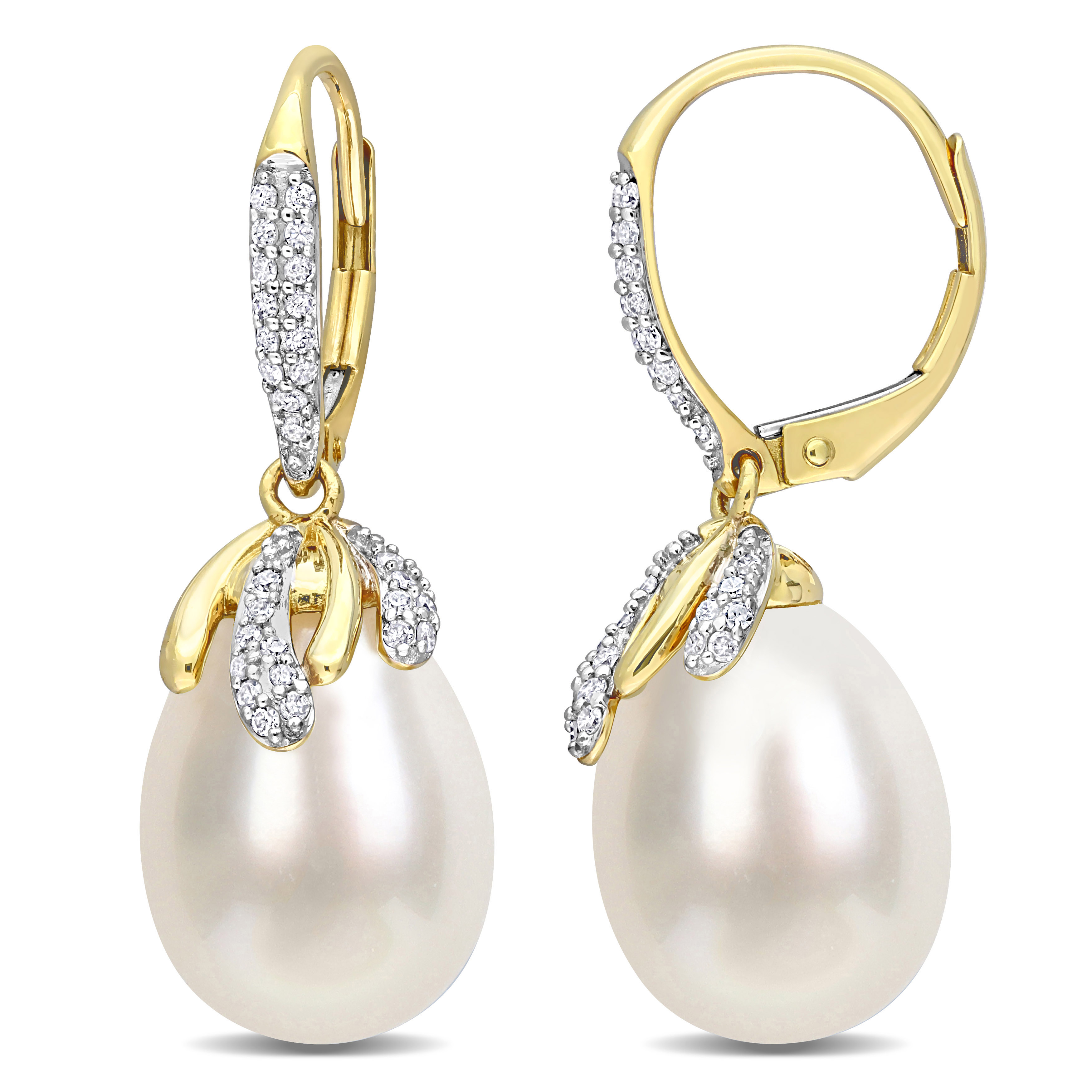 9-10 MM South Sea Cultured Pearl and 1/3 CT TW Diamond Leverback Earrings in 14k Yellow Gold