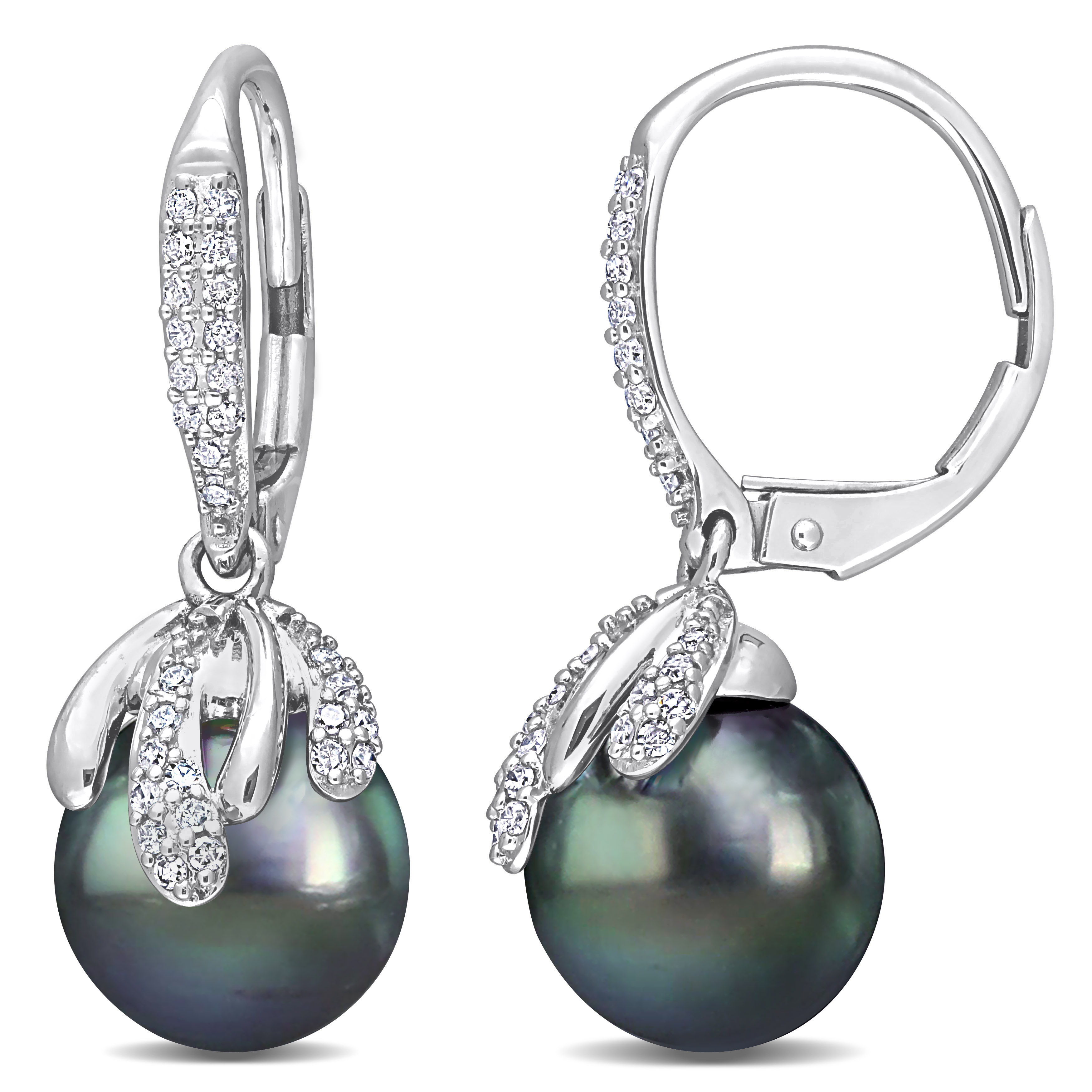 9-10 MM Black Tahitian Cultured Pearl and 1/3 CT TW Diamond Leverback Earrings in 14k White Gold