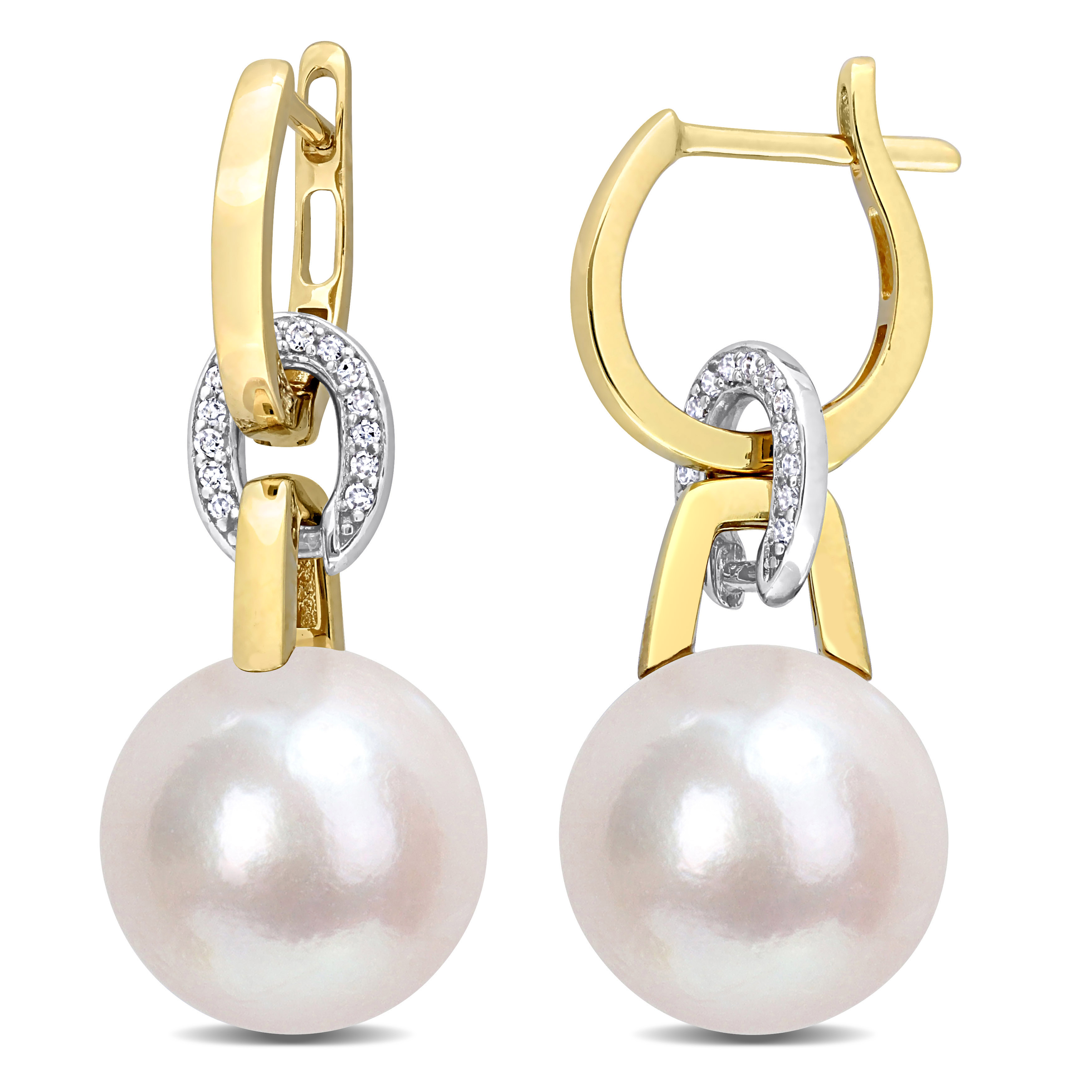 11 - 12 MM Freshwater Cultured Pearl & 1/10 CT TW Diamond Huggie Earrings in 2-Tone 14k Yellow and White Gold
