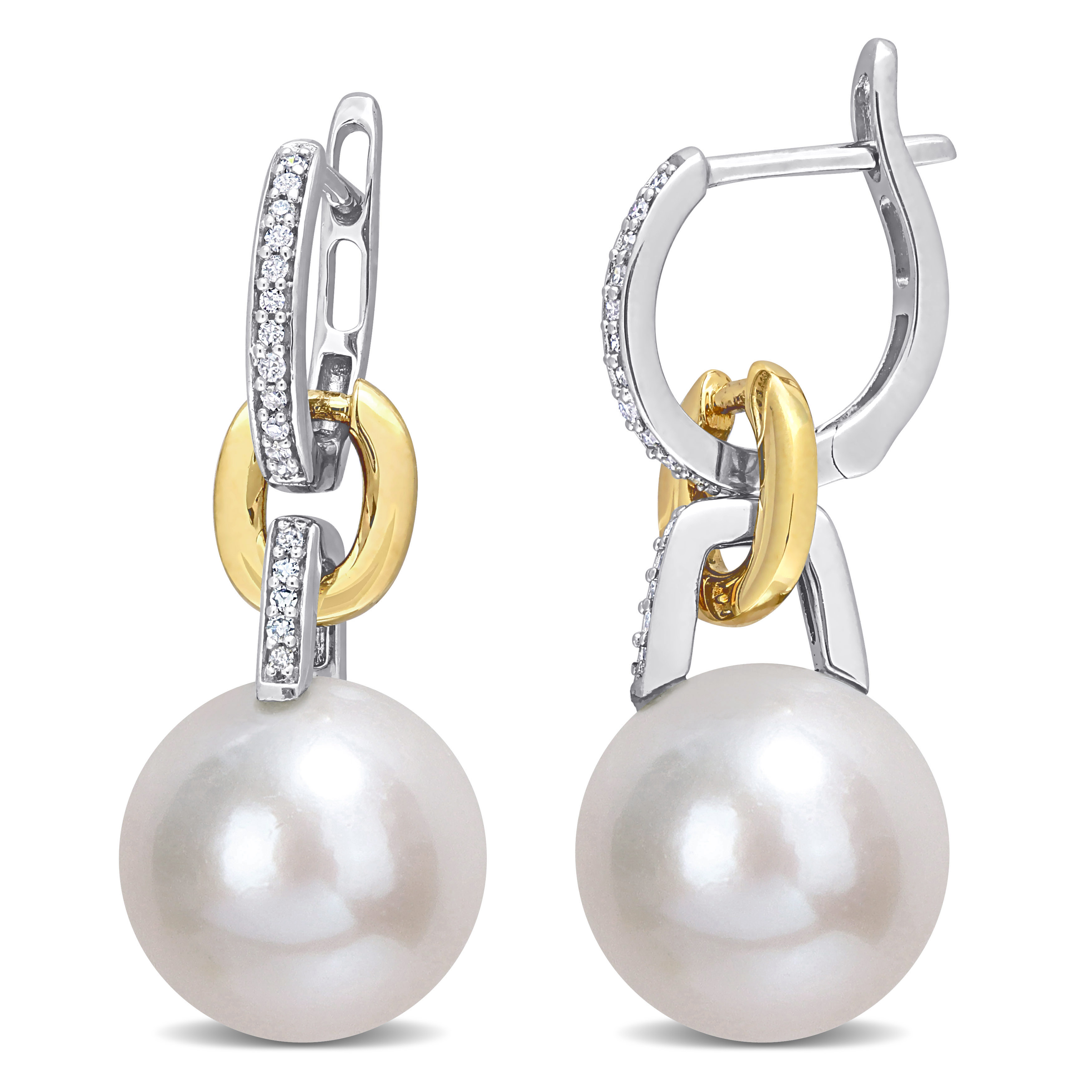11-12 MM Freshwater Cultured Pearl & 1/10 CT TW Diamond Huggie Earrings in 2-Tone 14k Yellow and White Gold