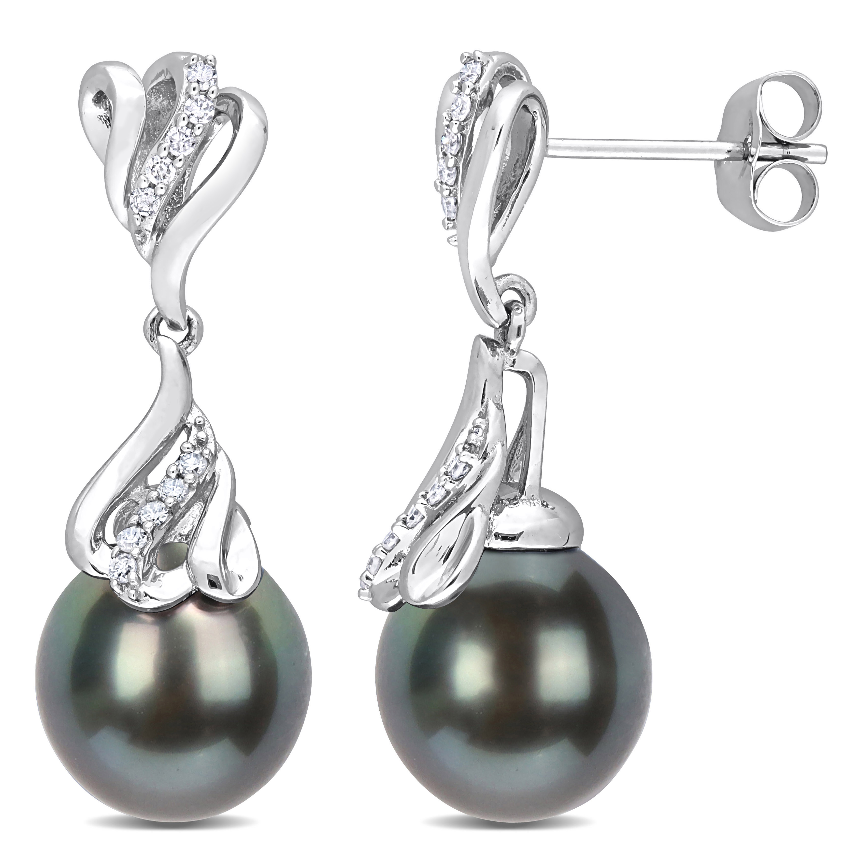 9-10 MM Black Tahitian Cultured Pearl and 1/8 CT TW Diamond Dangle Earrings in 14k White Gold