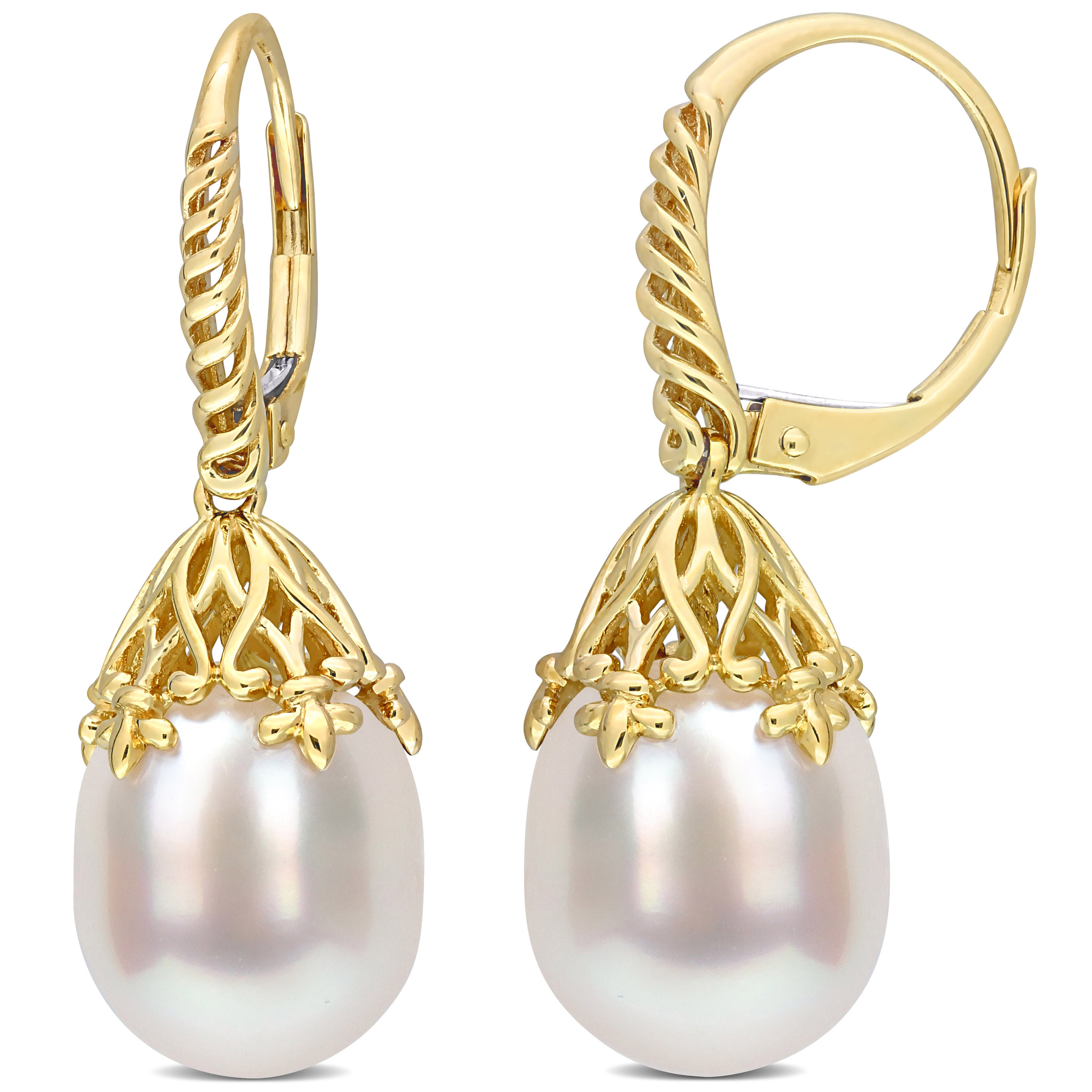 9-10 MM South Sea Cultured Pearl Filigree Leverback Earrings in 14k Yellow Gold