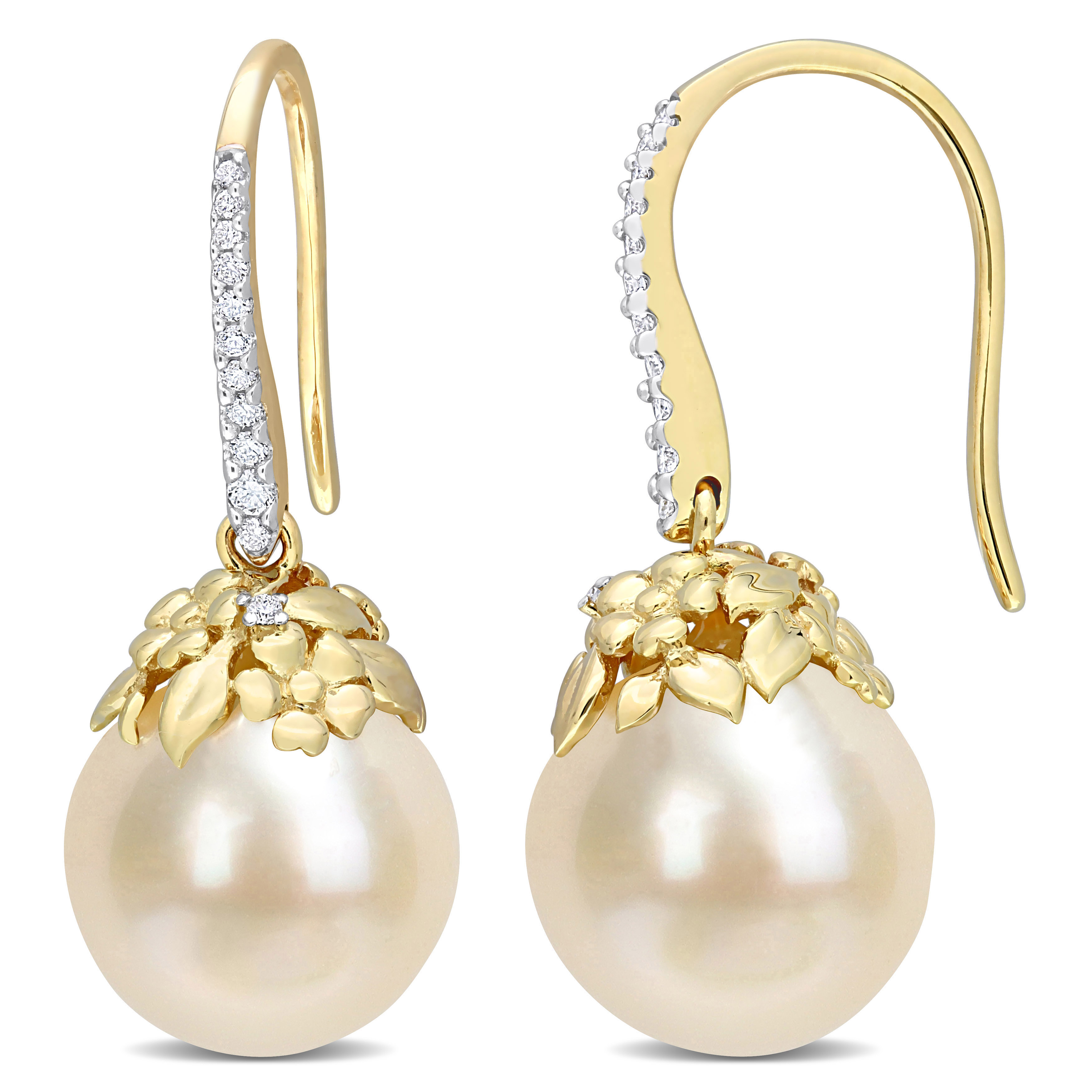 9-10 MM South Sea Cultured Pearl and 1/7 CT TW Diamond Shepherd Hook Earrings in 14k Yellow Gold