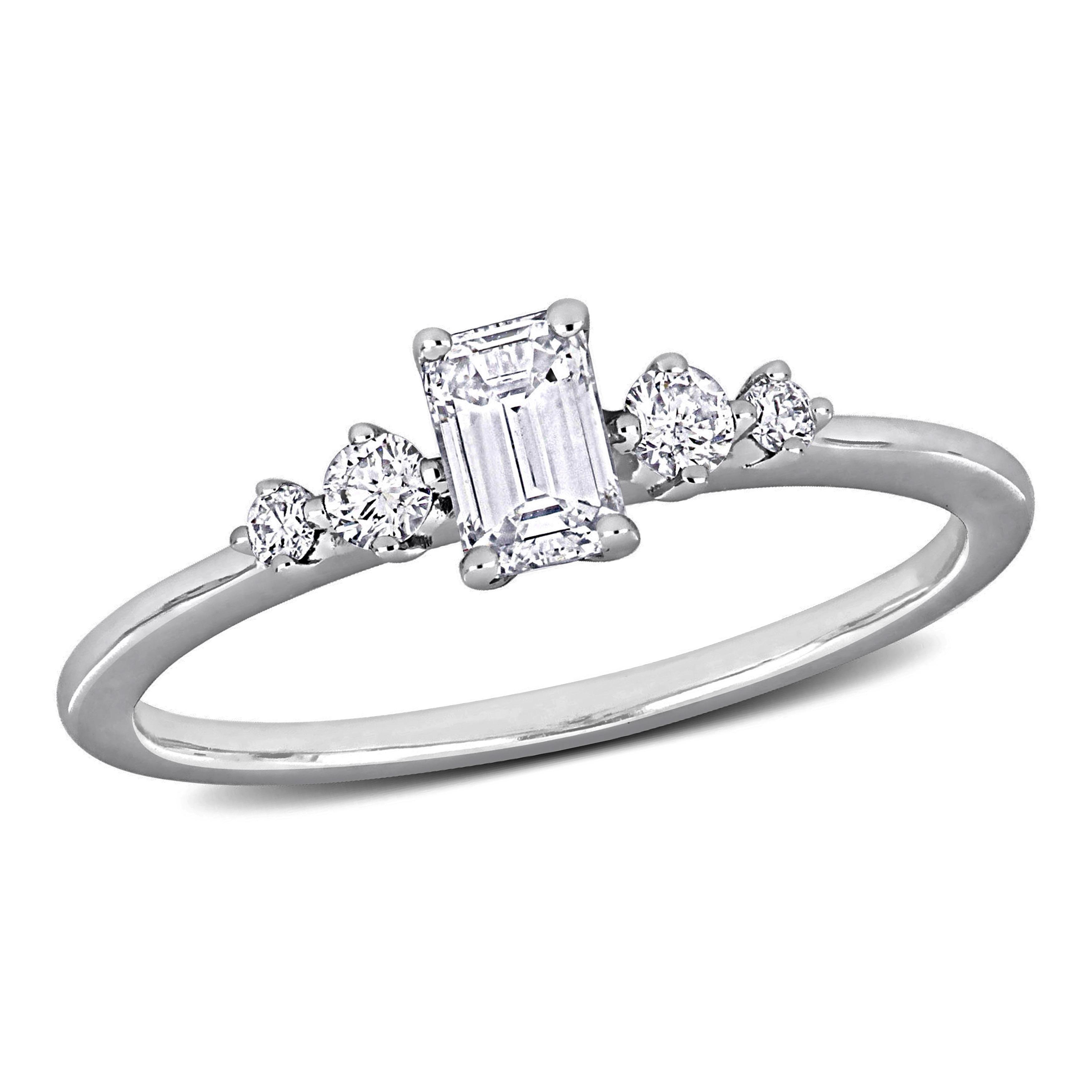 1/2 CT TW Emerald Cut and Round Diamond Engagement Ring in 14k White Gold