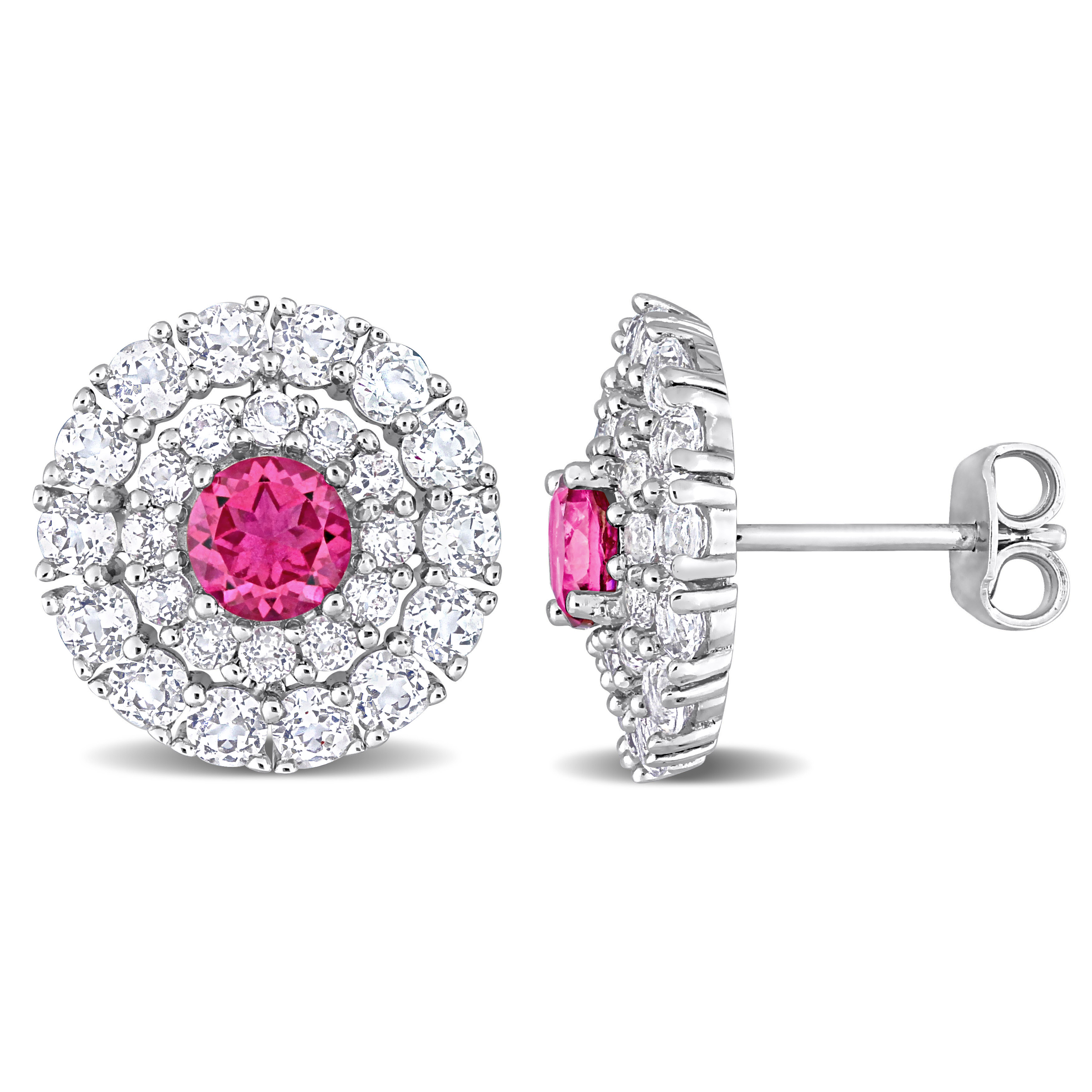 4 3/8 CT TGW Pink Topaz and White Topaz Double Halo Stud Earrings in Sterling Silver