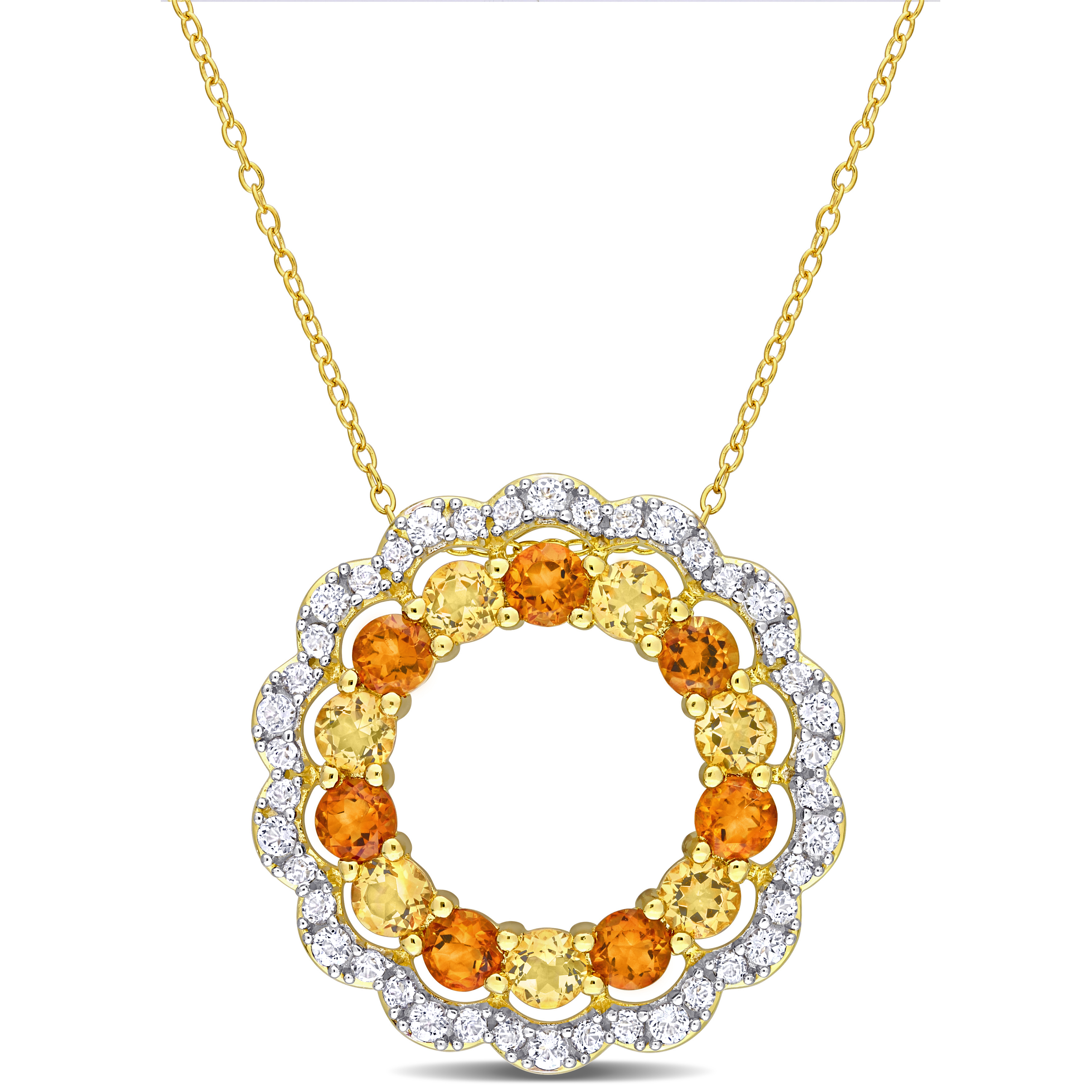 5 7/8 CT TGW Citrine and Madeira Citrine Graduated Open Floral Halo Pendant and Chain in 18k Yellow Gold Plated Sterling Silver