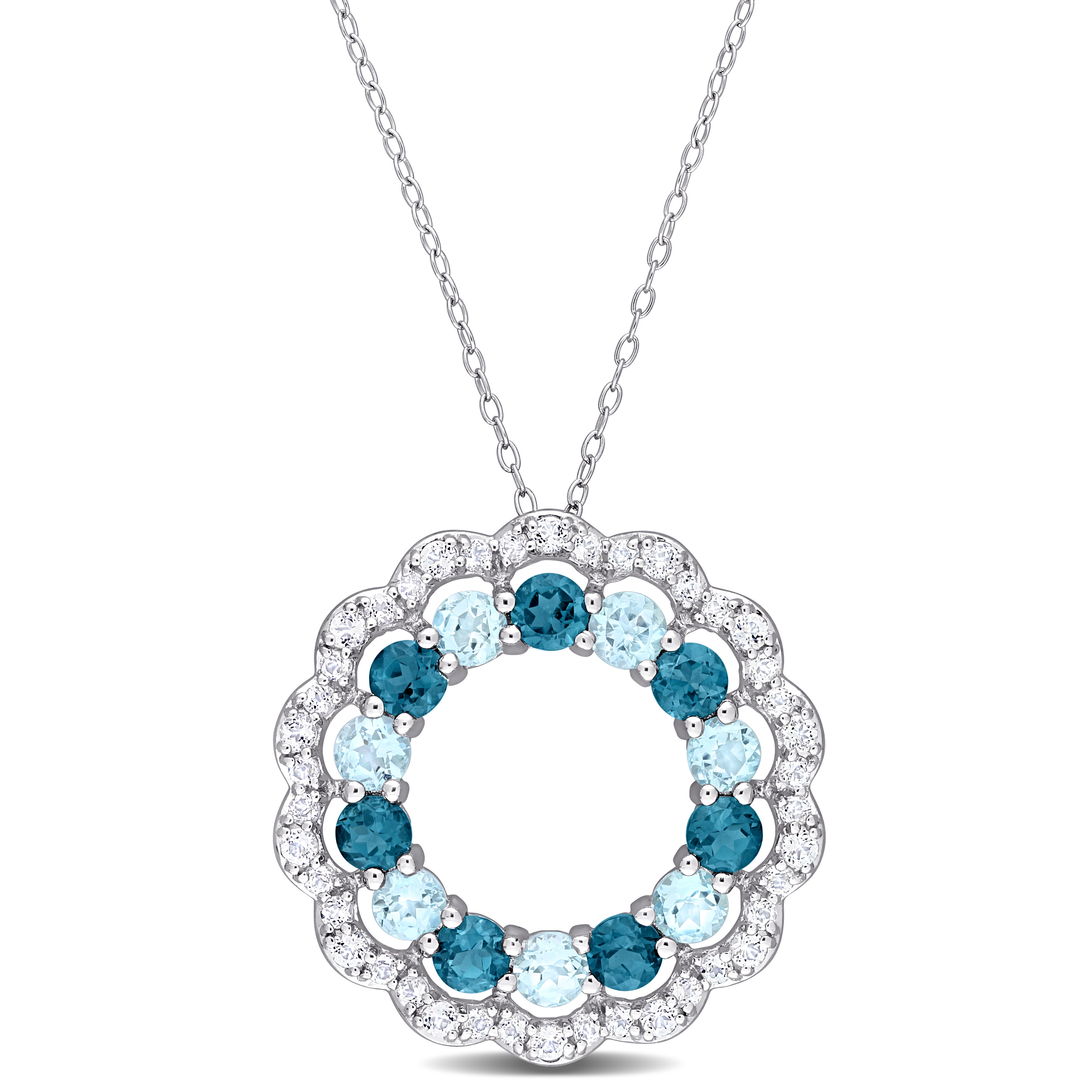 6 CT TGW London Blue, Sky Blue and White Topaz Open Circle Pendant with Chain in Sterling Silver