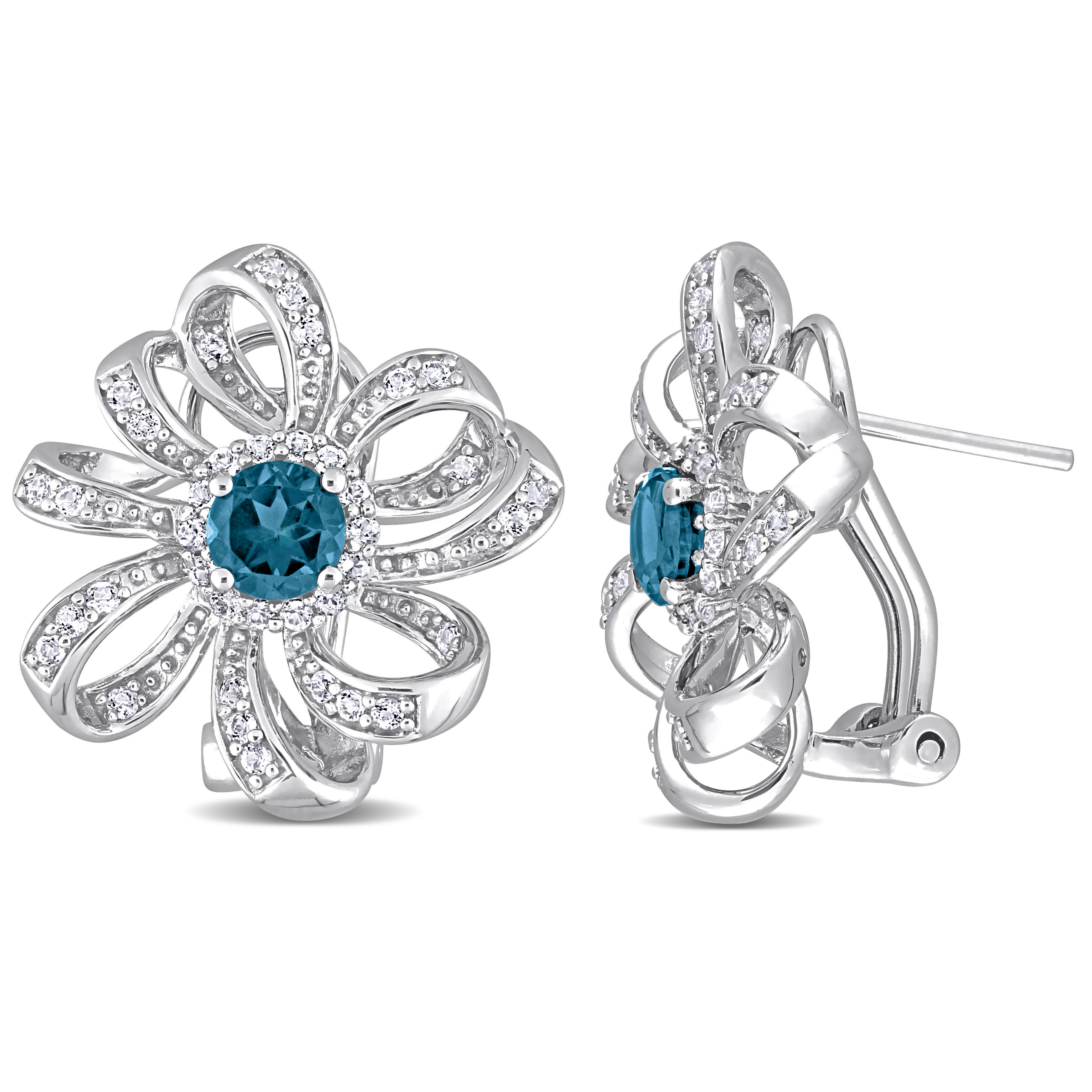 1 7/8 CT TGW London Blue Topaz and White Topaz Flower Omega Clip Earrings in Sterling Silver