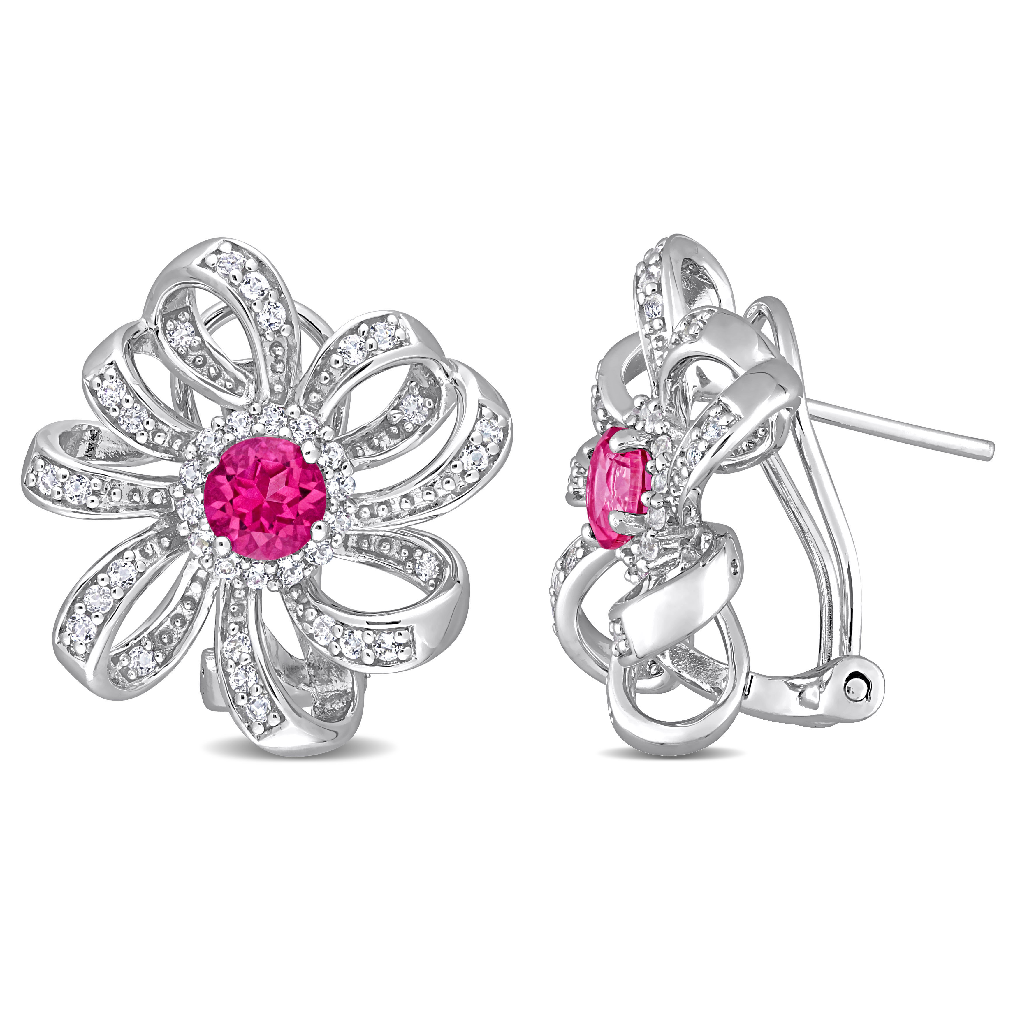 2 CT TGW Pink Topaz and White Topaz Flower Omega Clip Earrings in Sterling Silver