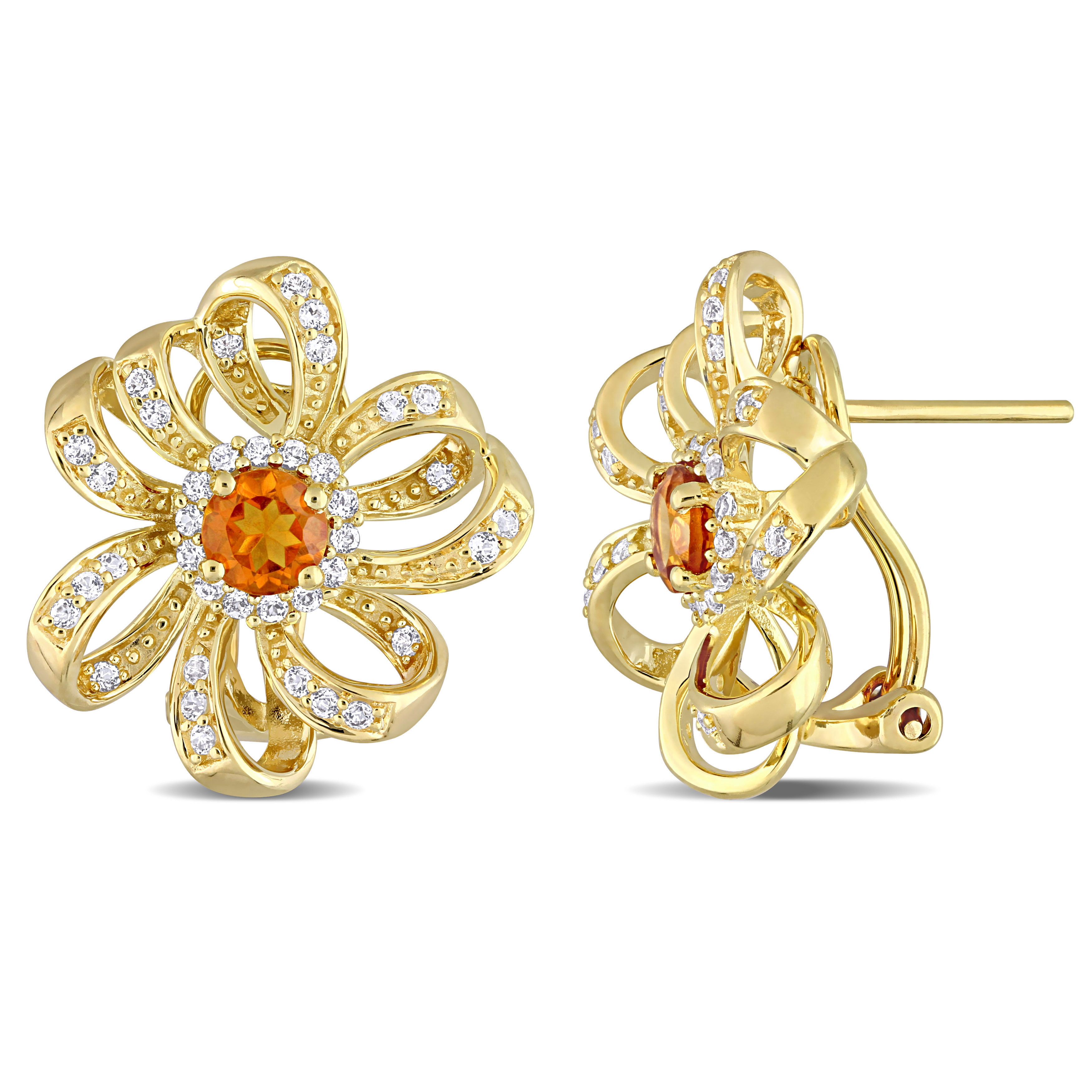 1 3/5 CT TGW Madeira Citrine and White Topaz Flower Omega Clip Earrings in 18k Yellow Gold Plated Sterling Silver