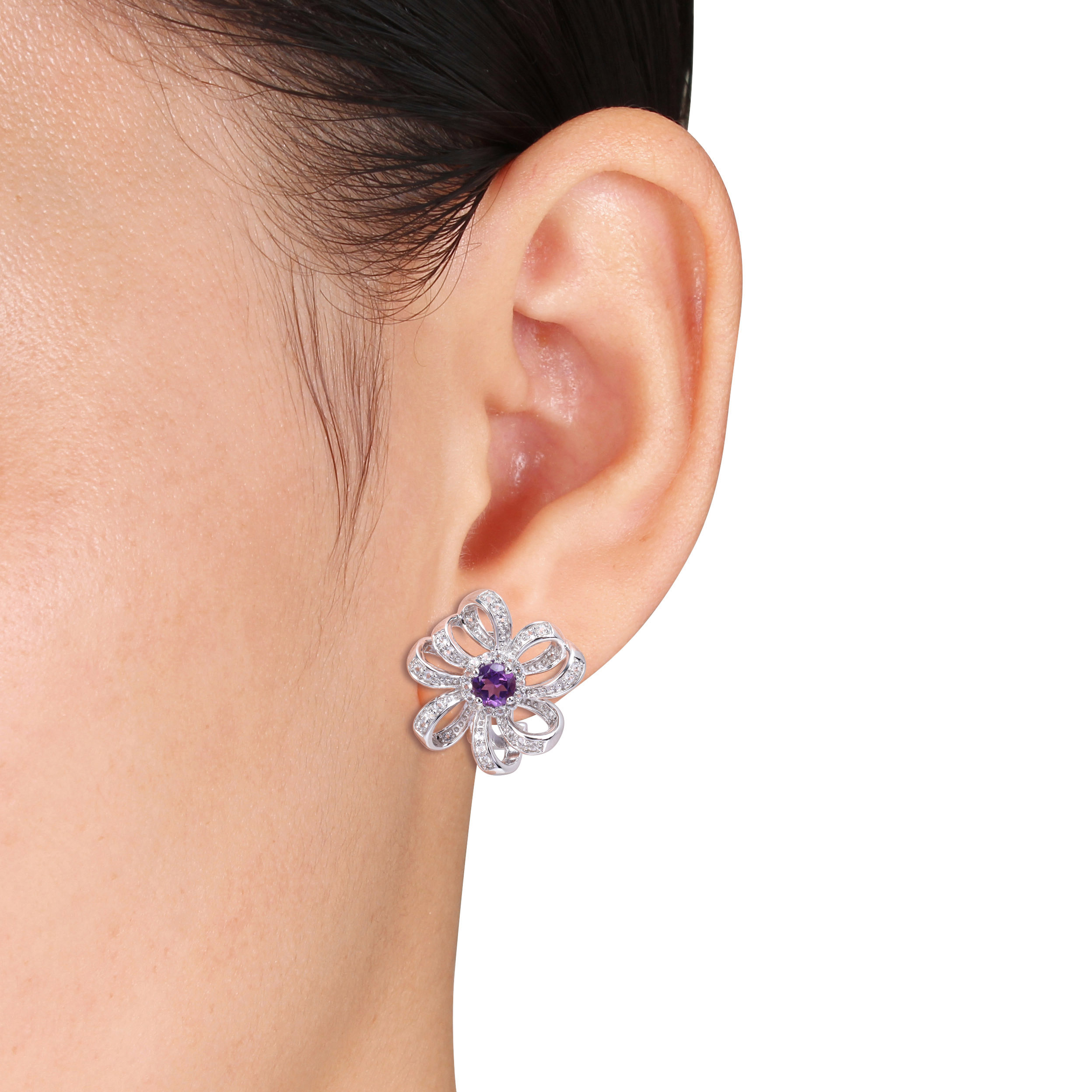 1 5/8 CT TGW African Amethyst and White Topaz Floral Clip-Back Earrings in Sterling Silver