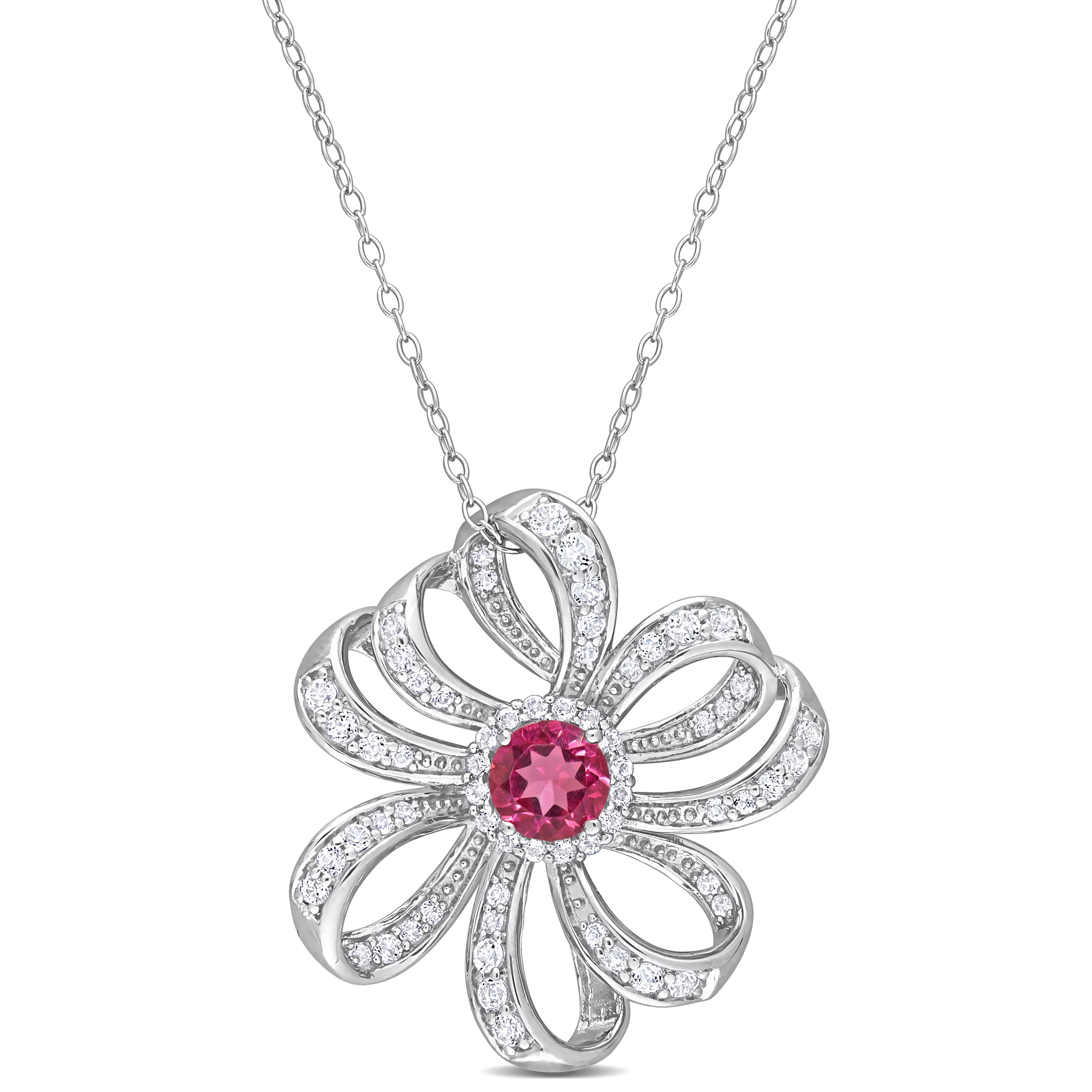 2 3/4 CT TGW Pink Topaz and White Topaz Flower Pendant with Chain in Sterling Silver