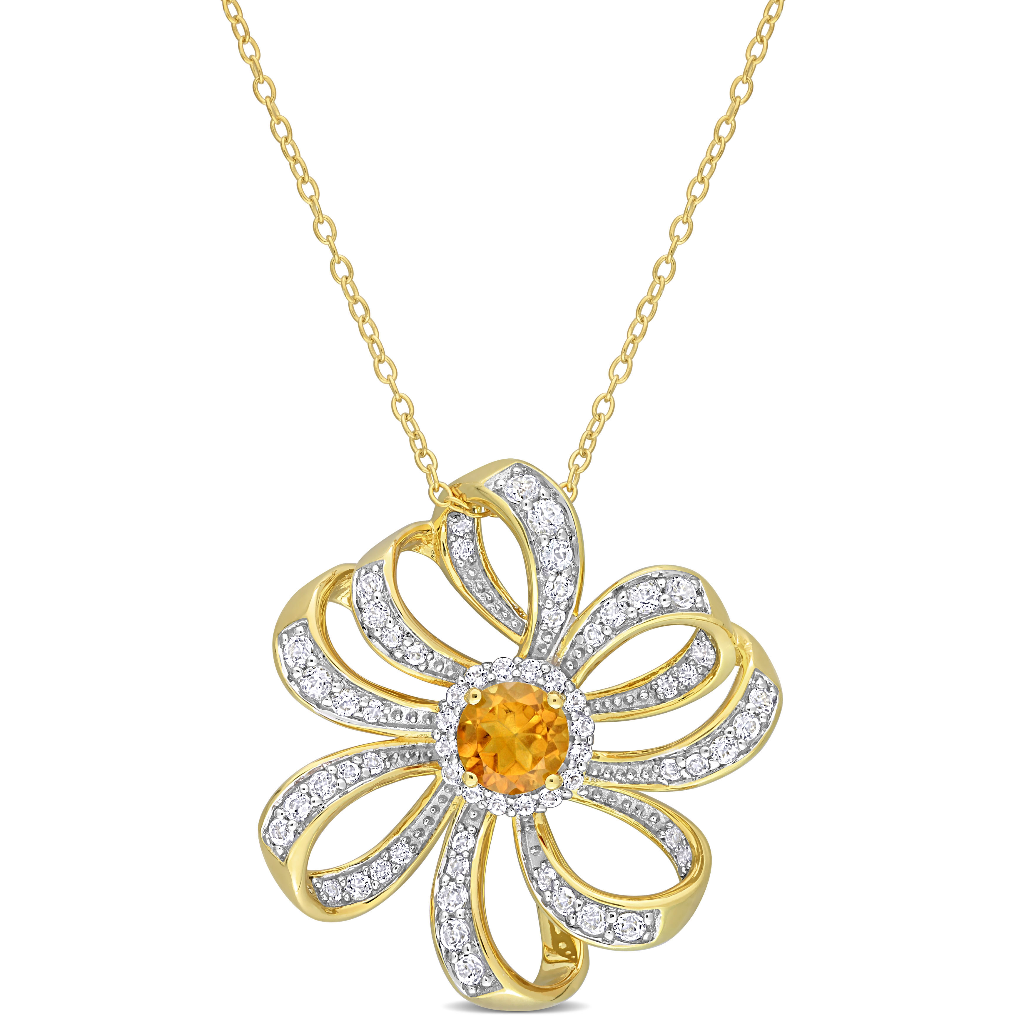 2 CT TGW Madeira Citrine and White Topaz Flower Pendant with Chain in 18k Yellow Gold Plated Sterling Silver