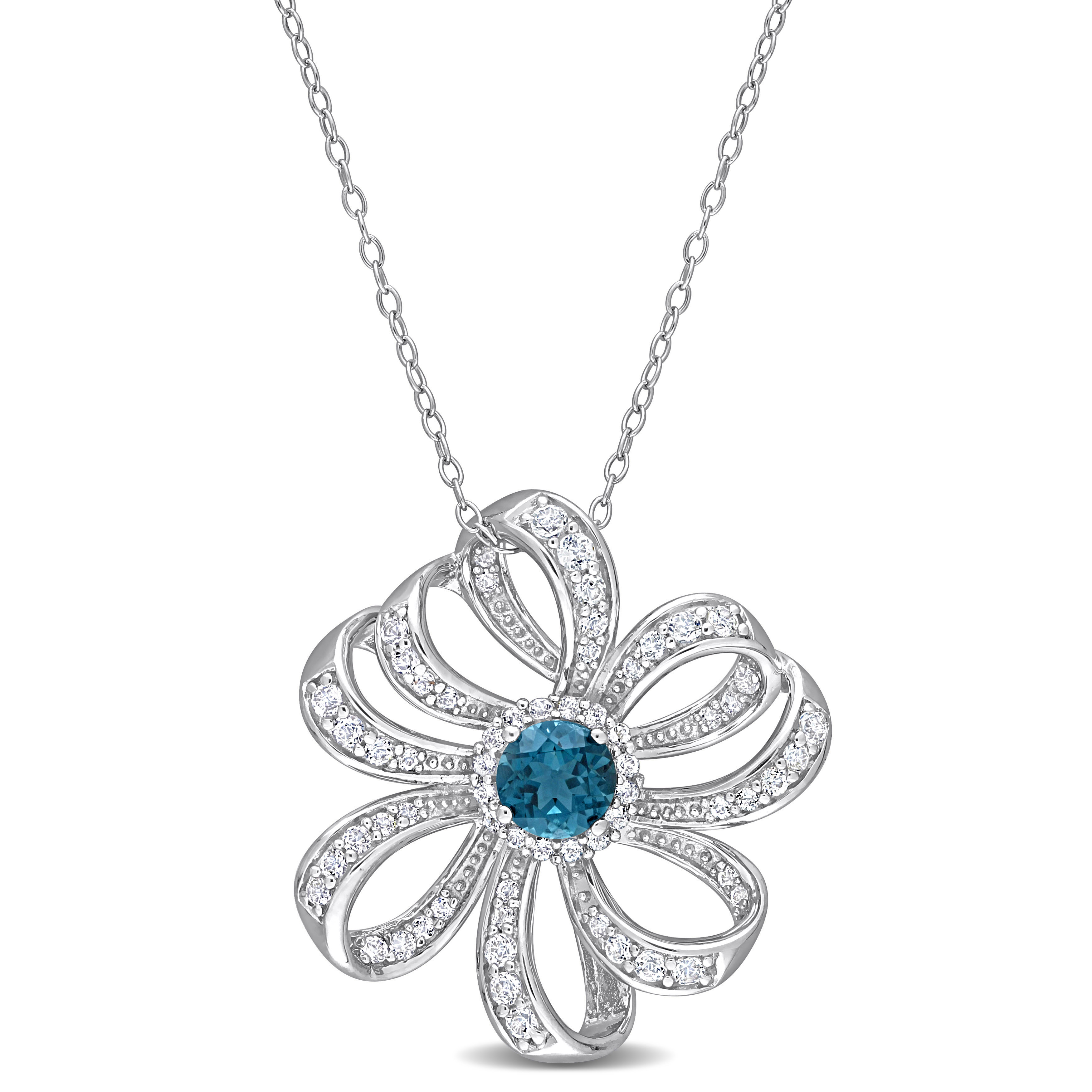 2 1/4 CT TGW London Blue Topaz and White Topaz Flower Pendant with Chain in Sterling Silver