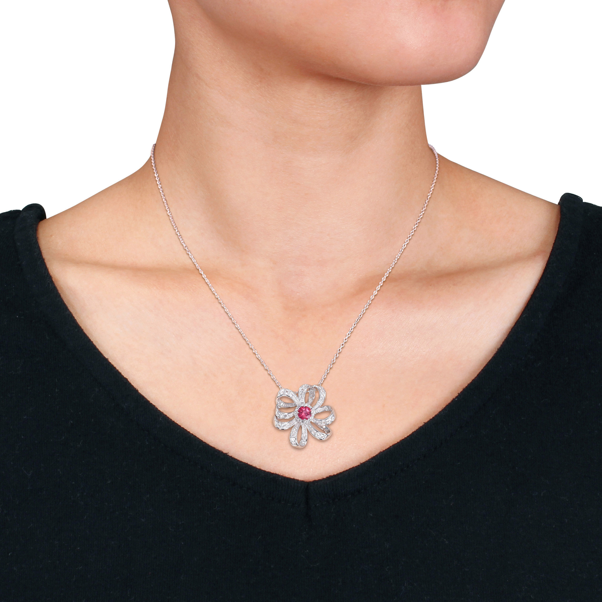 2 3/4 CT TGW Pink Topaz and White Topaz Flower Pendant with Chain in Sterling Silver - 20 in.