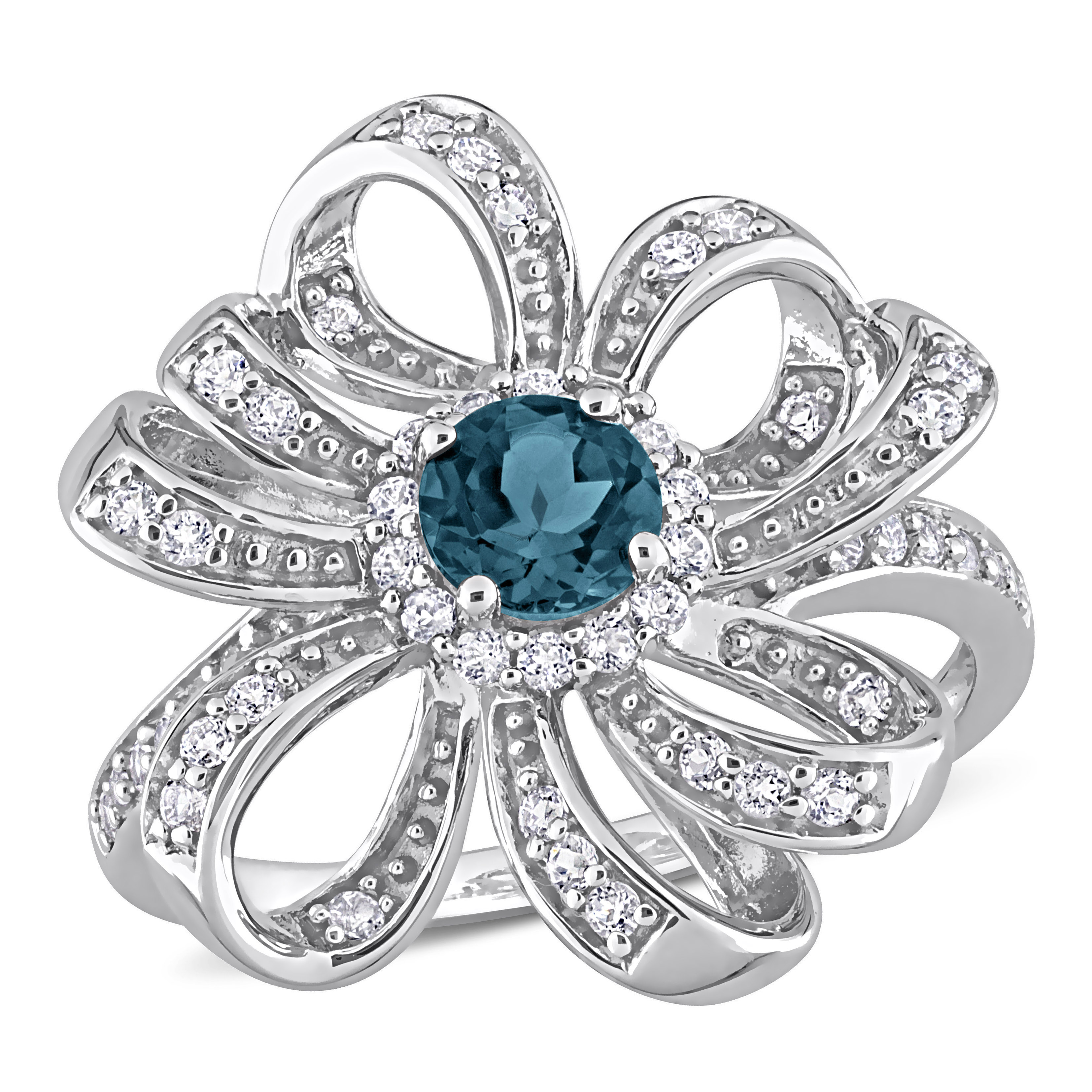 1 CT TGW London Blue Topaz and White Topaz Flower Cocktail Ring in Sterling Silver