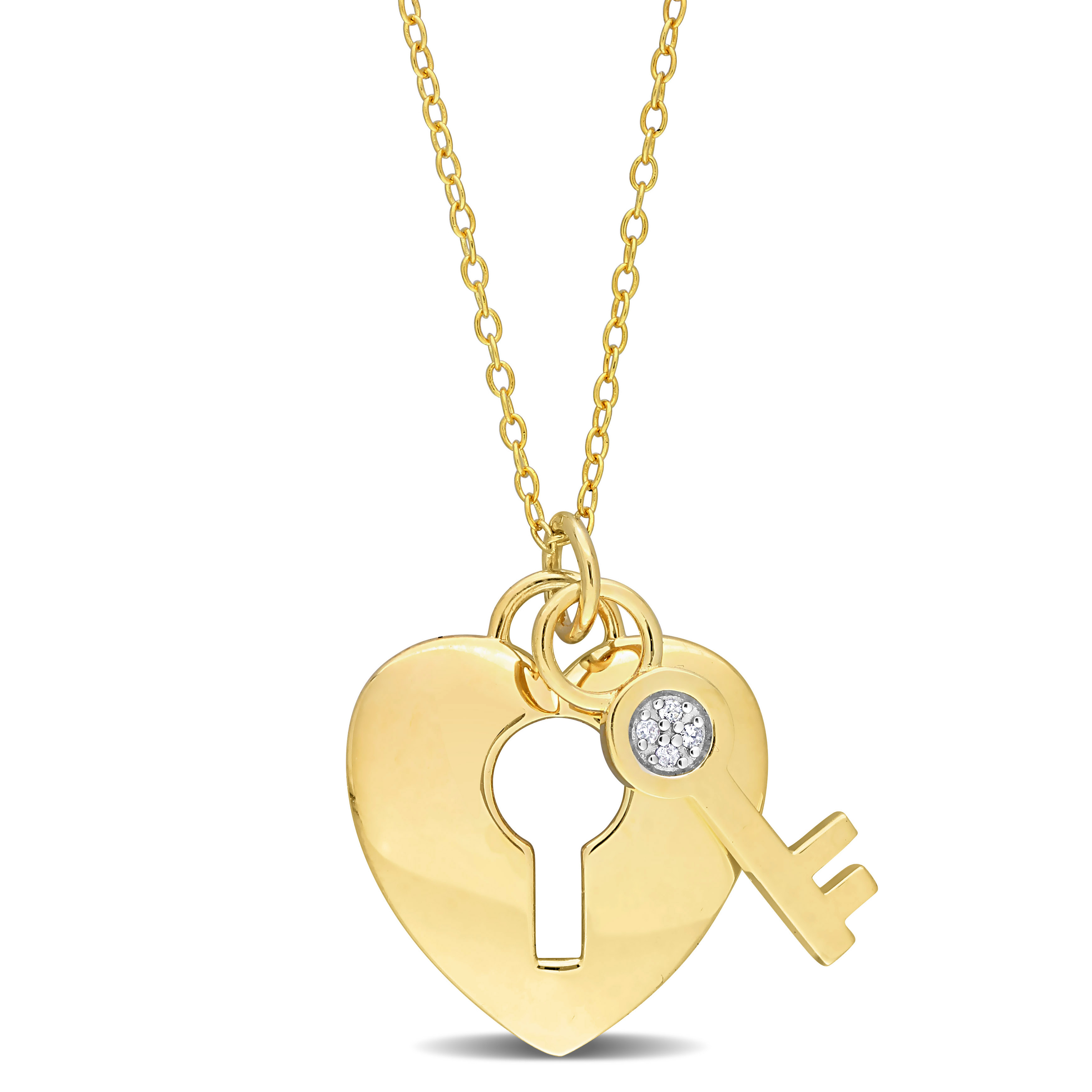 Diamond Accent Lock and Key Heart Charm with Chain in Yellow Plated Sterling Silver
