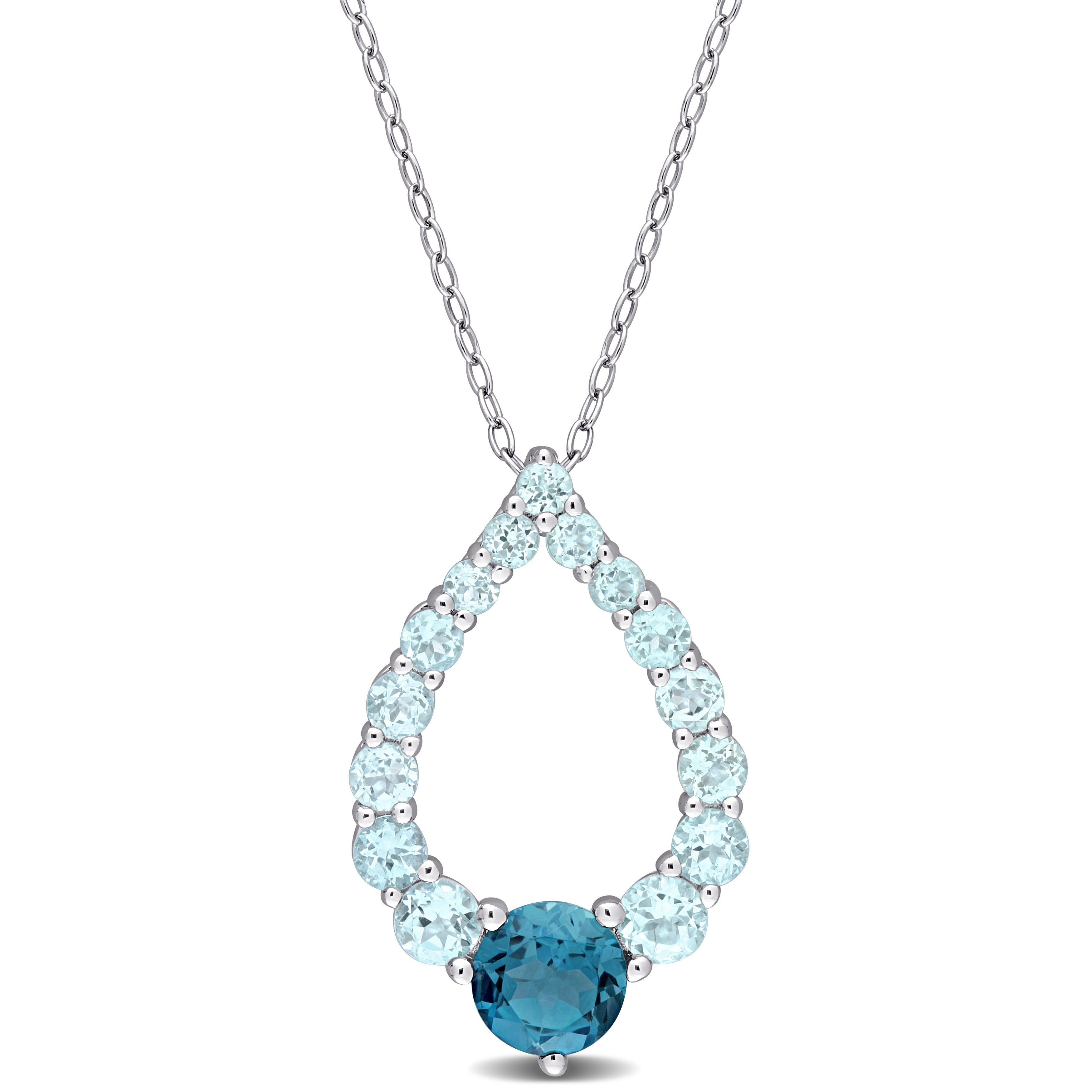 2 3/4 CT TGW London Blue Topaz and Sky Blue Topaz Graduated Open Teardrop Pendant with Chain in Sterling Silver