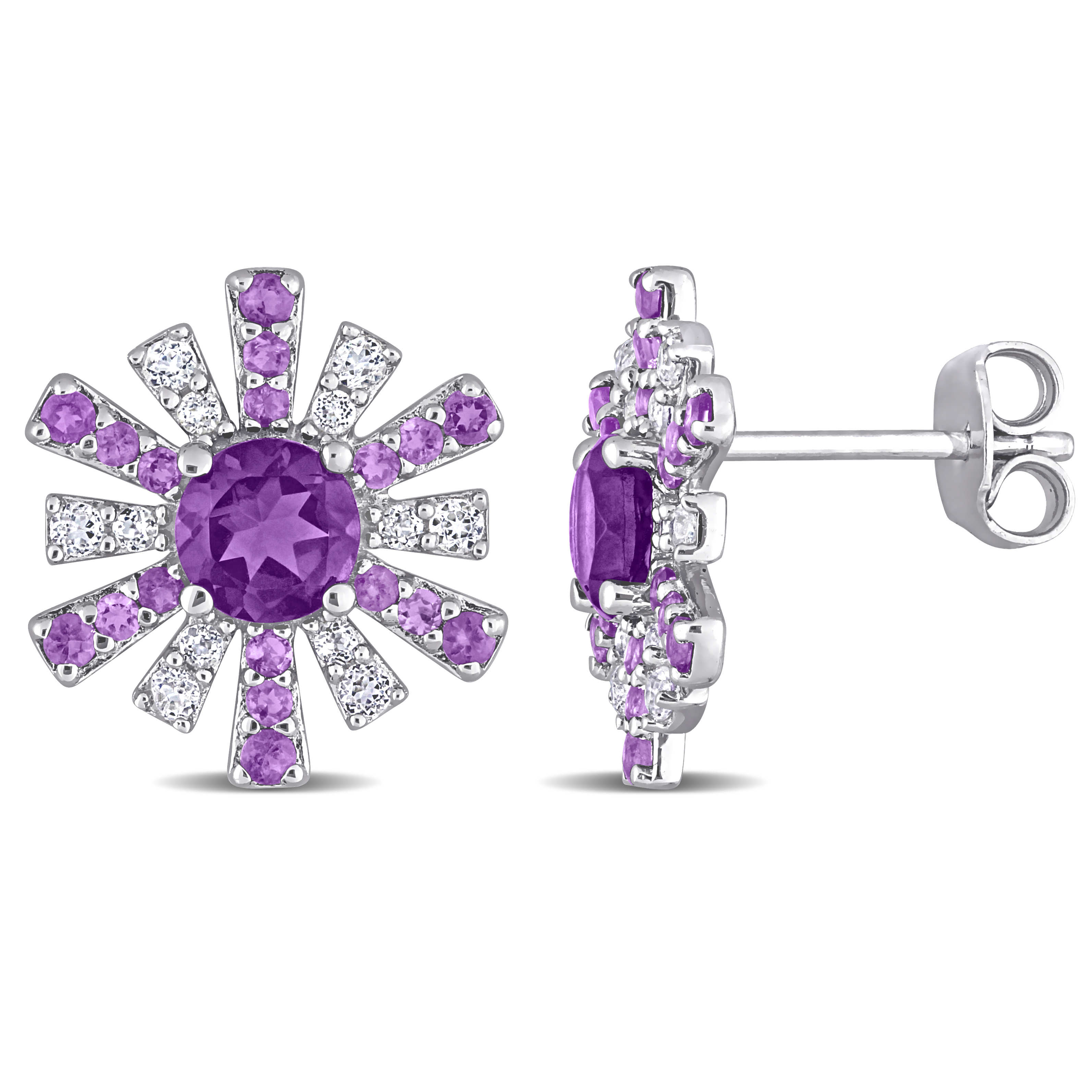 1 3/4 CT TGW African Amethyst and White Topaz Starburst Earrings in Sterling Silver