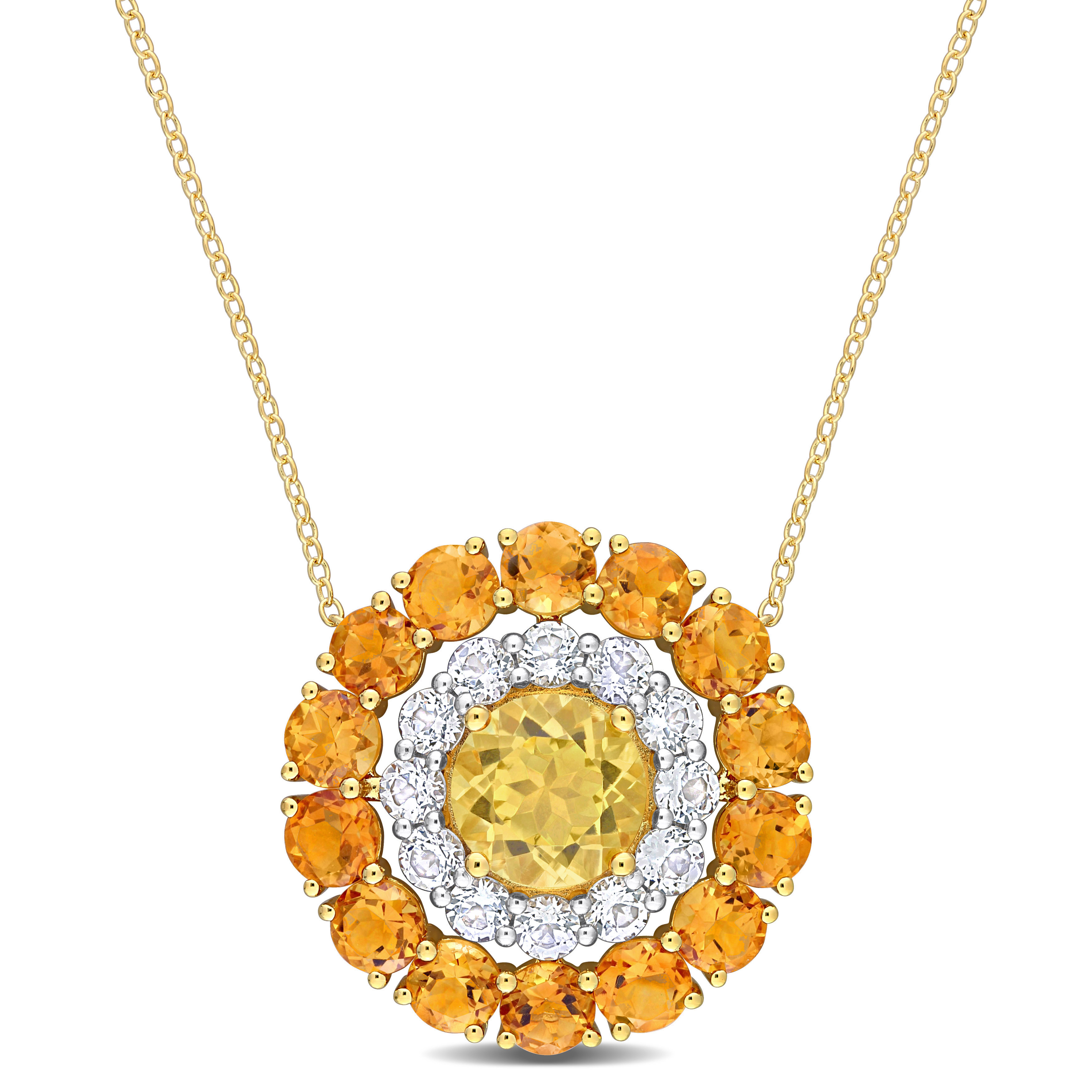 11 2/5 CT TGW Citrine, Madeira Citrine and White Topaz Double Halo Circle Pendant with Chain in 18k Yellow Gold Plated Sterling Silver - 18 in.
