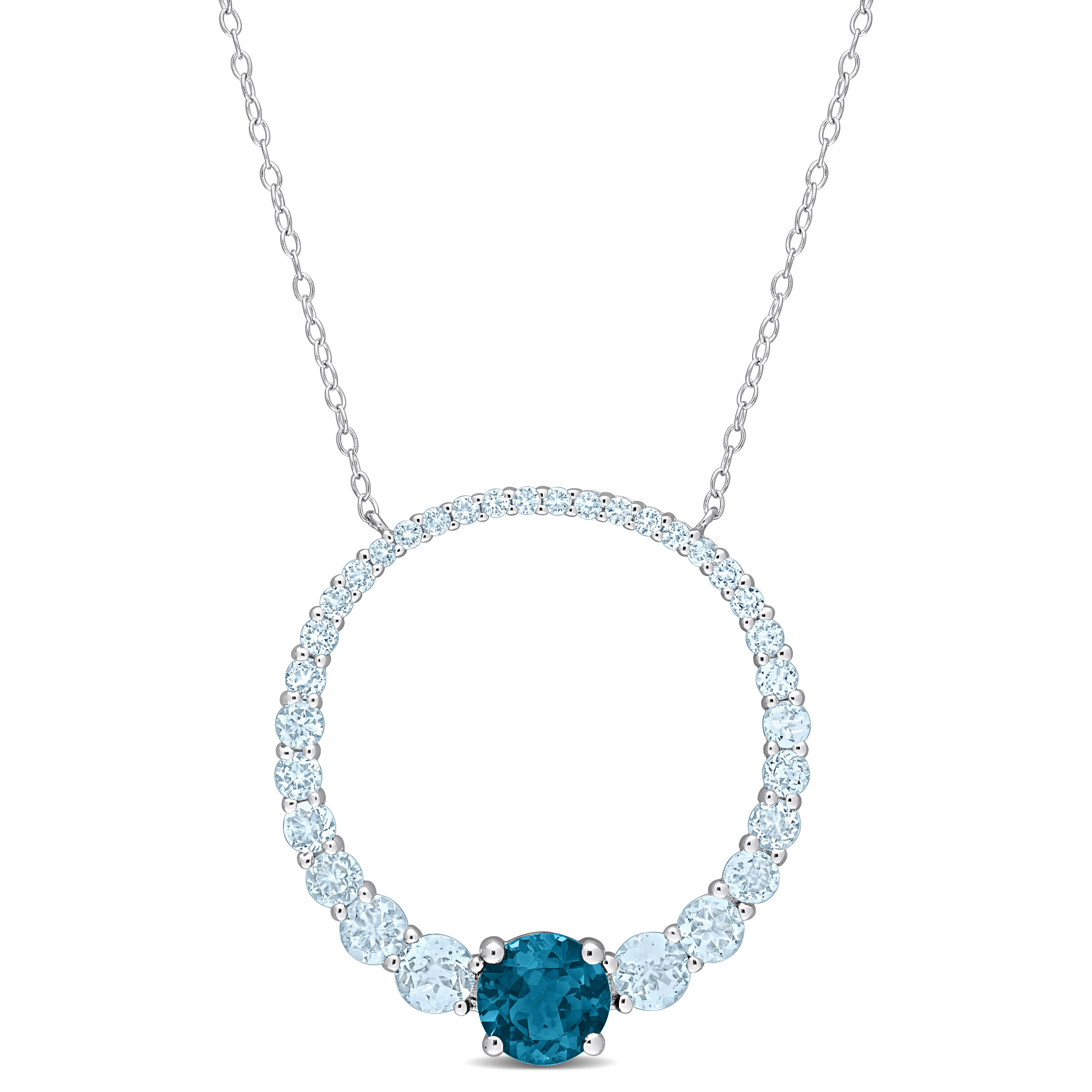 3 7/8 CT TGW Sky Blue Topaz and London Blue Topaz Graduated Open Circle Pendant with Chain in Sterling Silver - 18 in