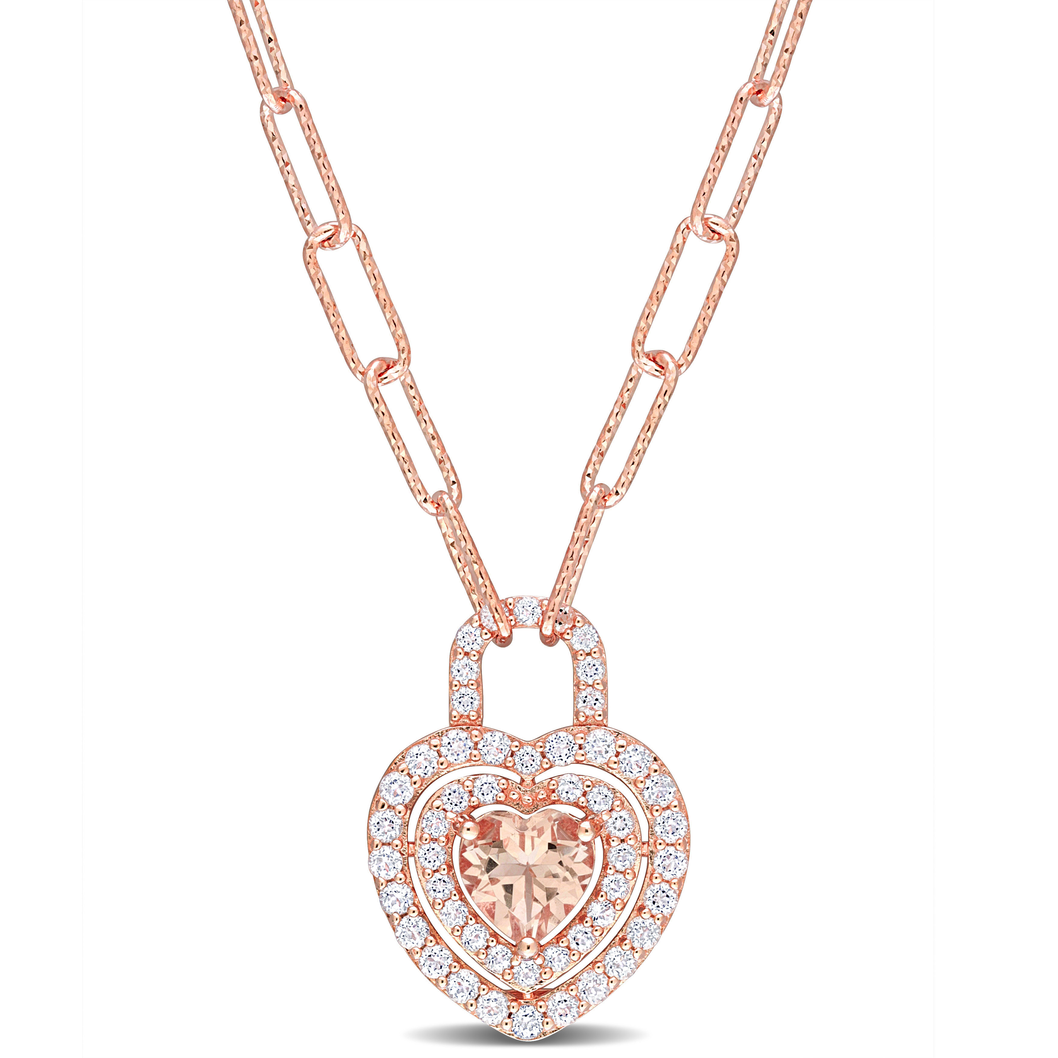 1 5/8 CT TGW Morganite and White Topaz Halo Heart Pendant in Rose Plated Sterling Silver
