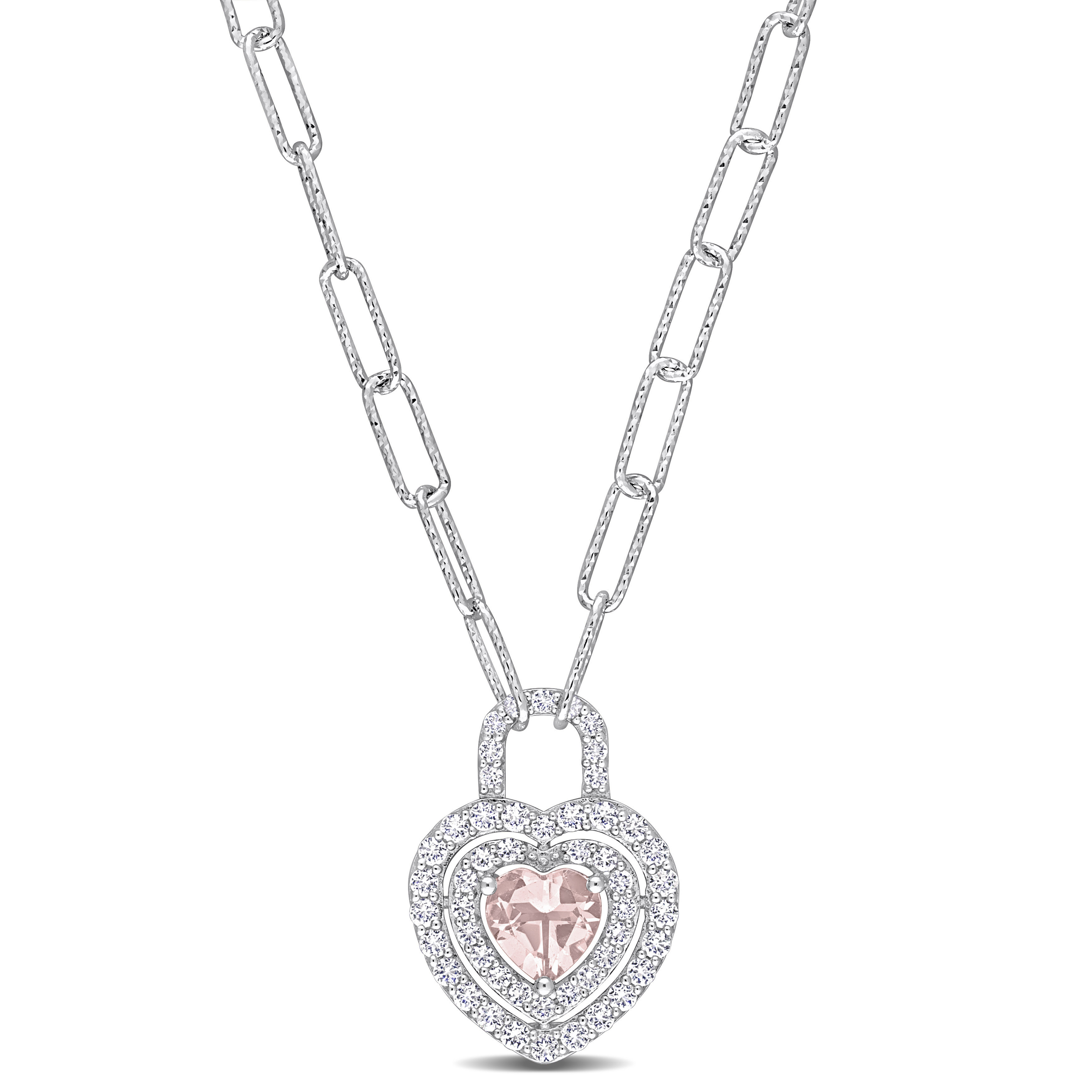 1 3/8 CT TGW Heart-Cut Morganite and Created White Sapphire Double Halo Heart Lock Necklace in Sterling Silver